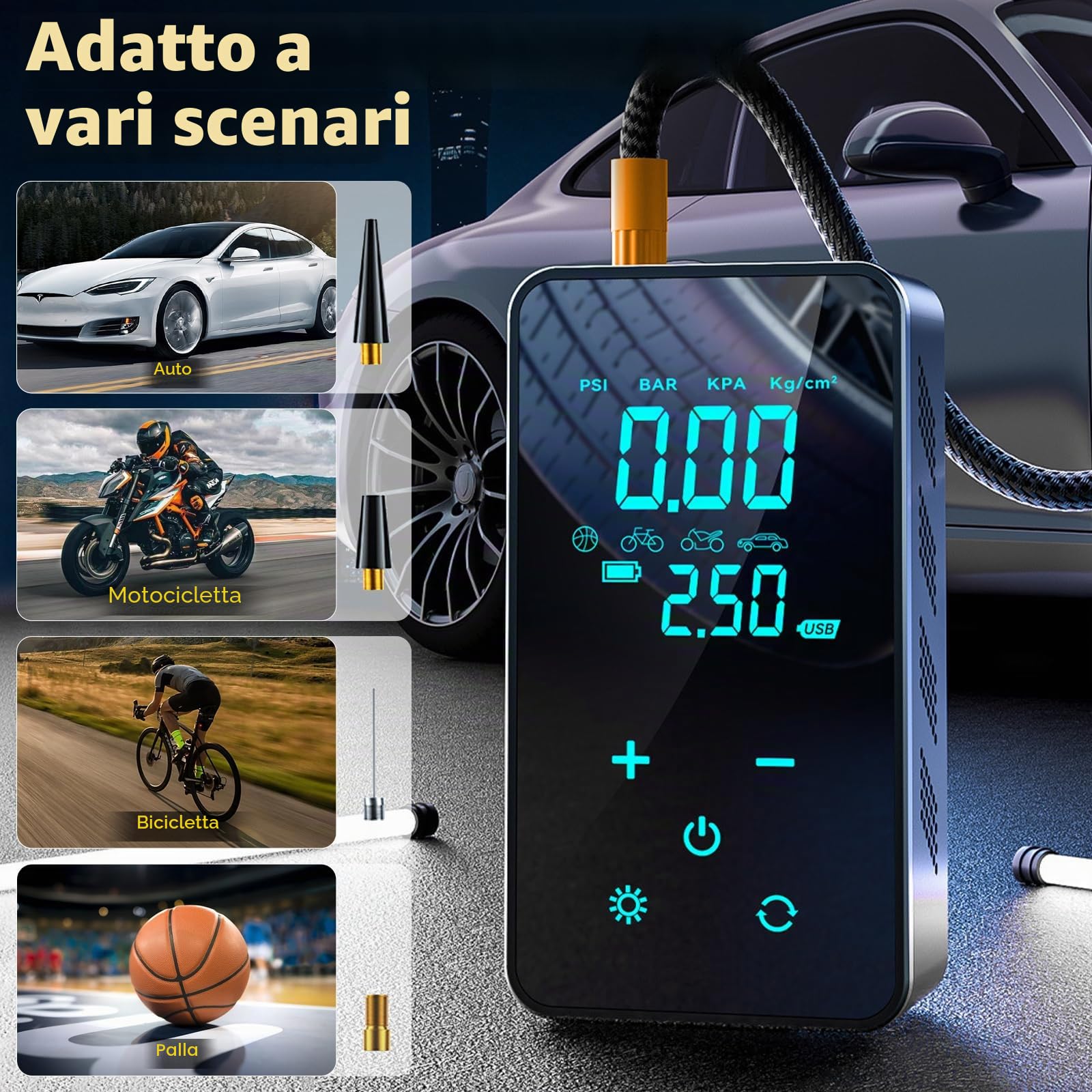 Compressore Aria Portatile, 150PSI Gonfiatore Elettrico Portatile con Manometro, Elettrico Pompa Elettrica, Mini Compressore Pneumatici Ricaricabili con Luce LED per Moto Bici Palla