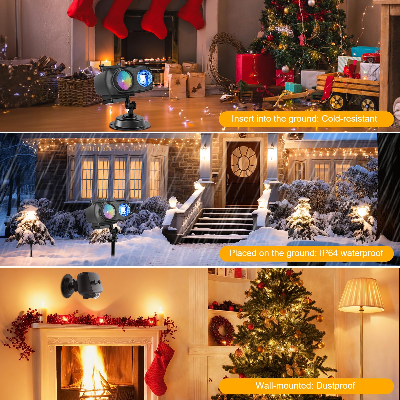 Projektor Weihnachten Außen, 2-in-1 Hologramm Projektor mit 12 Folien 8 Mustern 10 Farben Welleneffekt, Wasserdicht Projektionslampe mit Timer für Weihnachten Fensterdekor