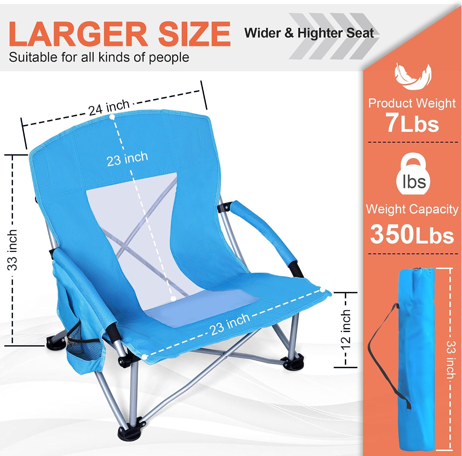 Joyfair Large Beach Chair for Adults(2 Pack), Big Outdoor Folding Camping Chairs, Heavy Duty Mid-Height Portable Chair for Fishing, Lawn, Sport, Cup Holder & Storage Pocket, Carry Bag（Blue