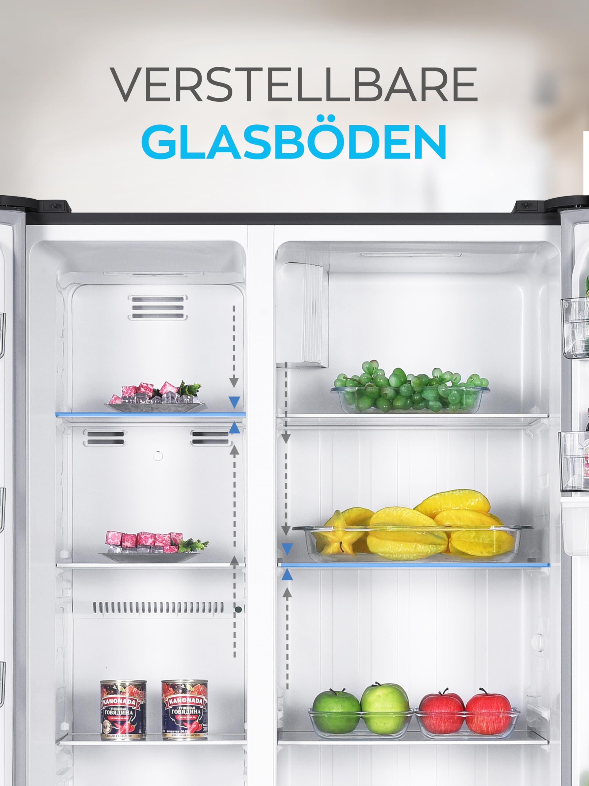 Heinrich´s Side-by-Side Kühlschrank, Kühlgefrierkombination mit 439L Mega Gesamtvolumen, NO-FROST, 151L Gefriervolumen, inkl. Wasserspender, LED Beleuchtung,Touch, Multi-Airflow-System, Schwarz-Inox