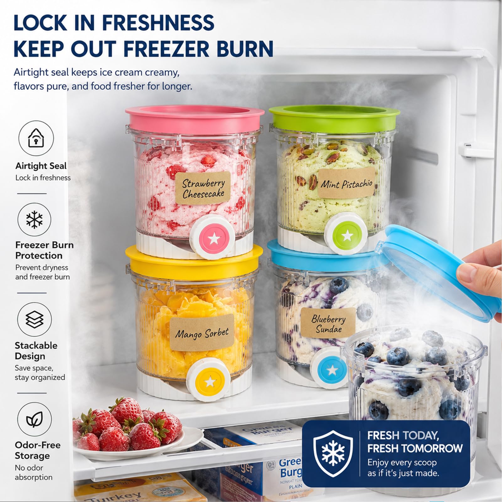 Lot de 4 Pots de Remplacement Compatible avec Ninja Creami Swirl NC700 NC701EU, 480ml Récipients avec 2 Spatules en Silicone et 1 Rouleau d'Étiquettes, Sans BPA & Passe au Lave-Vaisselle