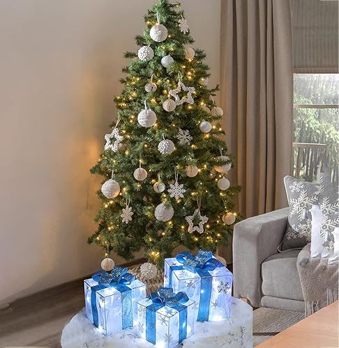 Miniatura 3 de Decoraciones de Navidad, Lauzior Juego de 3 cajas de regalo iluminadas de Navidad, 60 luces LED, adorno de Navidad para falda de árbol, interior y