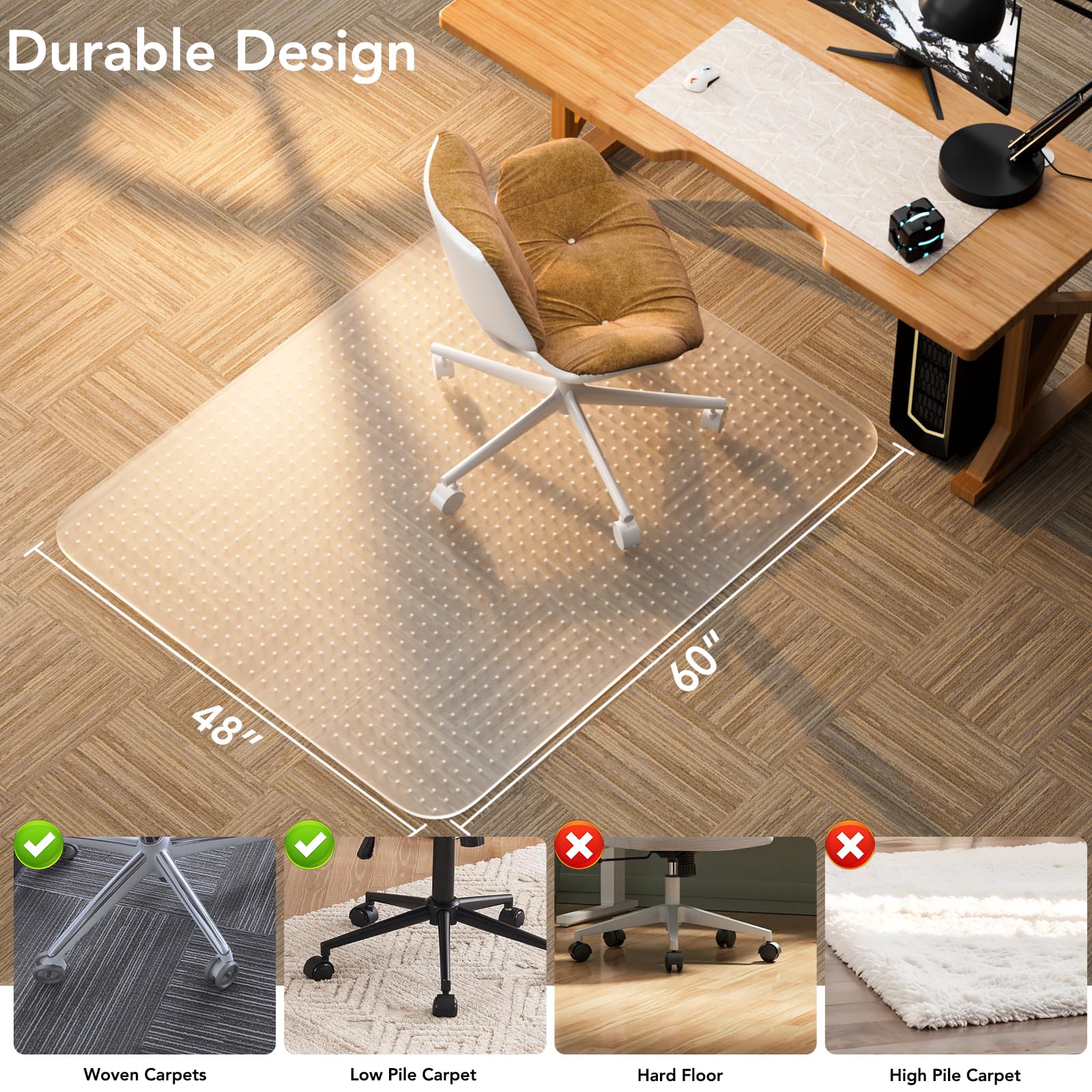 Office Chair Mat for Low Pile Carpet with Lip 48 x 60 Clear Plastic Floor Protector Heavy Duty — view 2