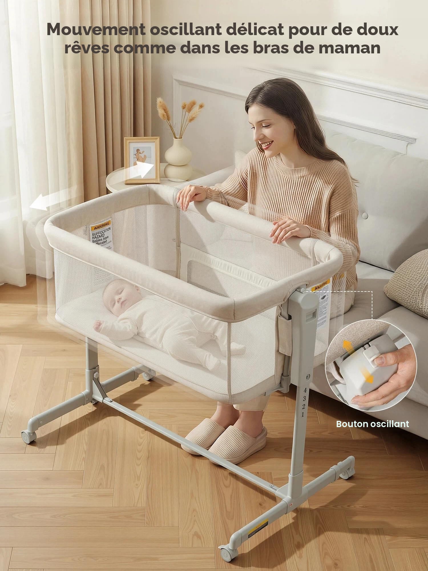 Berceau Cododo 3-en-1 à Bascule avec Roues Lit Bébé Réglable en Hauteur 6 Positions Matelas Doux Mousse Respirante