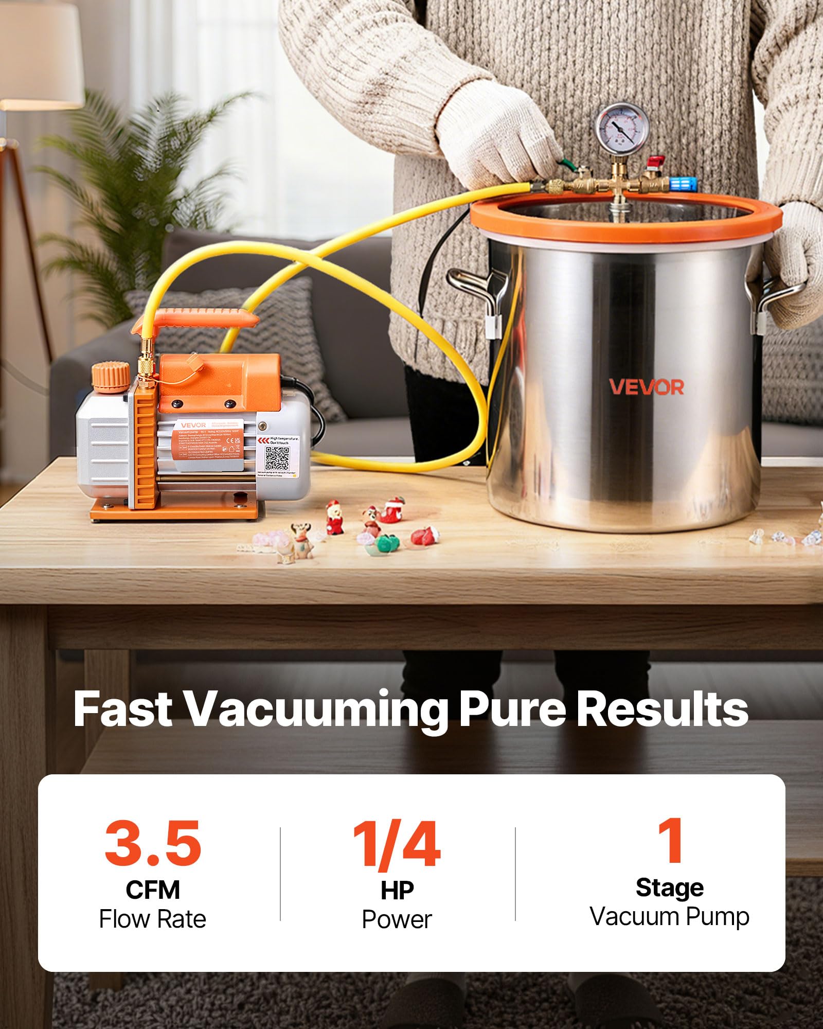VEVOR Vakuumpumpe mit 18,9 L Vakuumkammer, 3,5 CFM 99 L/min, 180 W, 1-stufige Unterdruckpumpe, Vacuum Pump Kit, 1,5 m Schlauch, zur Stabilisierung von Holz & Entgasung von Silikonharz