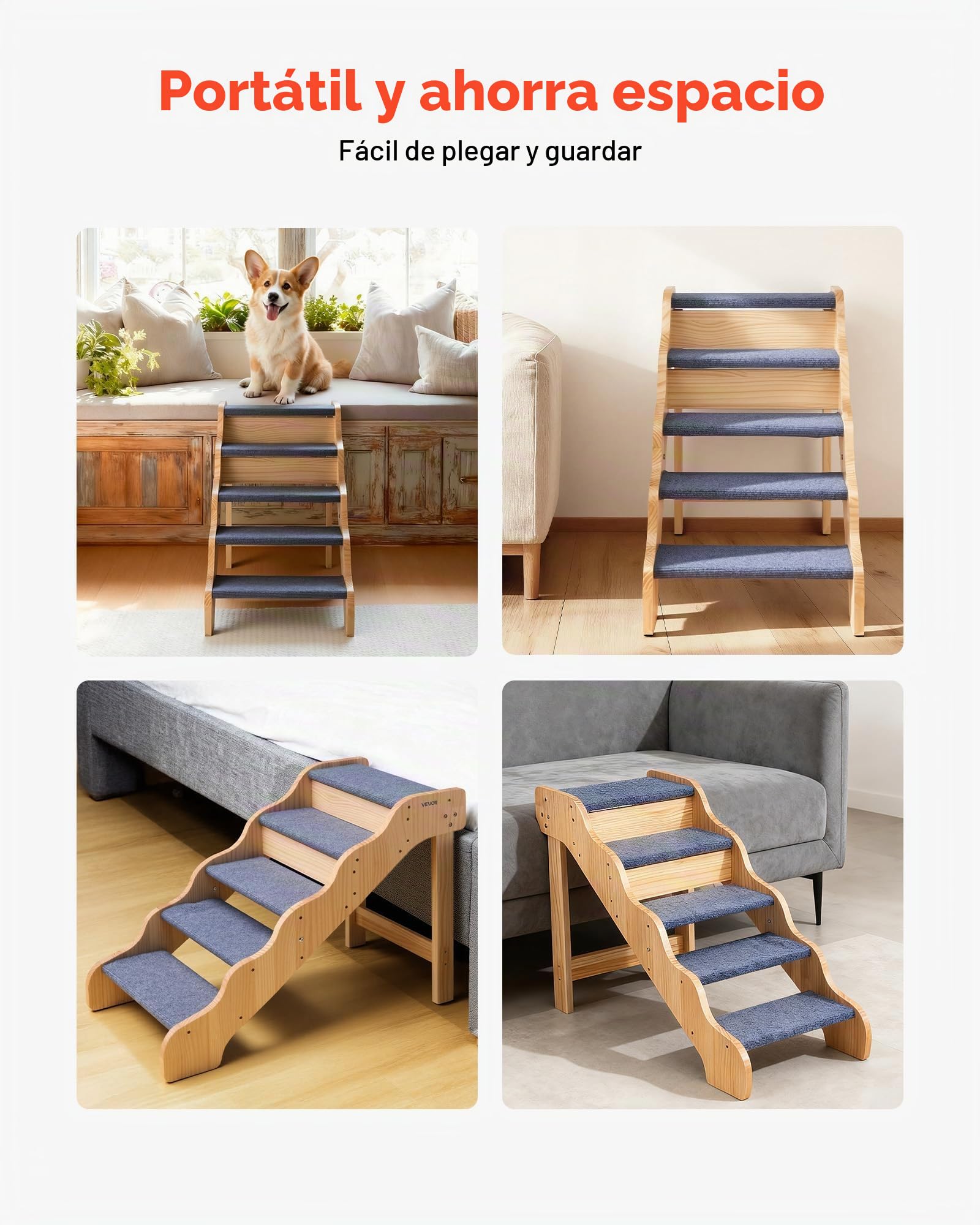 VEVOR Escalera para Perros de 910 x 430 x 630 mm, 5 Peldaños, de Madera, para Mascotas Pequeñas, Medianas, Grandes y Mayores, Así como para Cachorros de hasta 68 kg, para Camas, Sofás y Coches