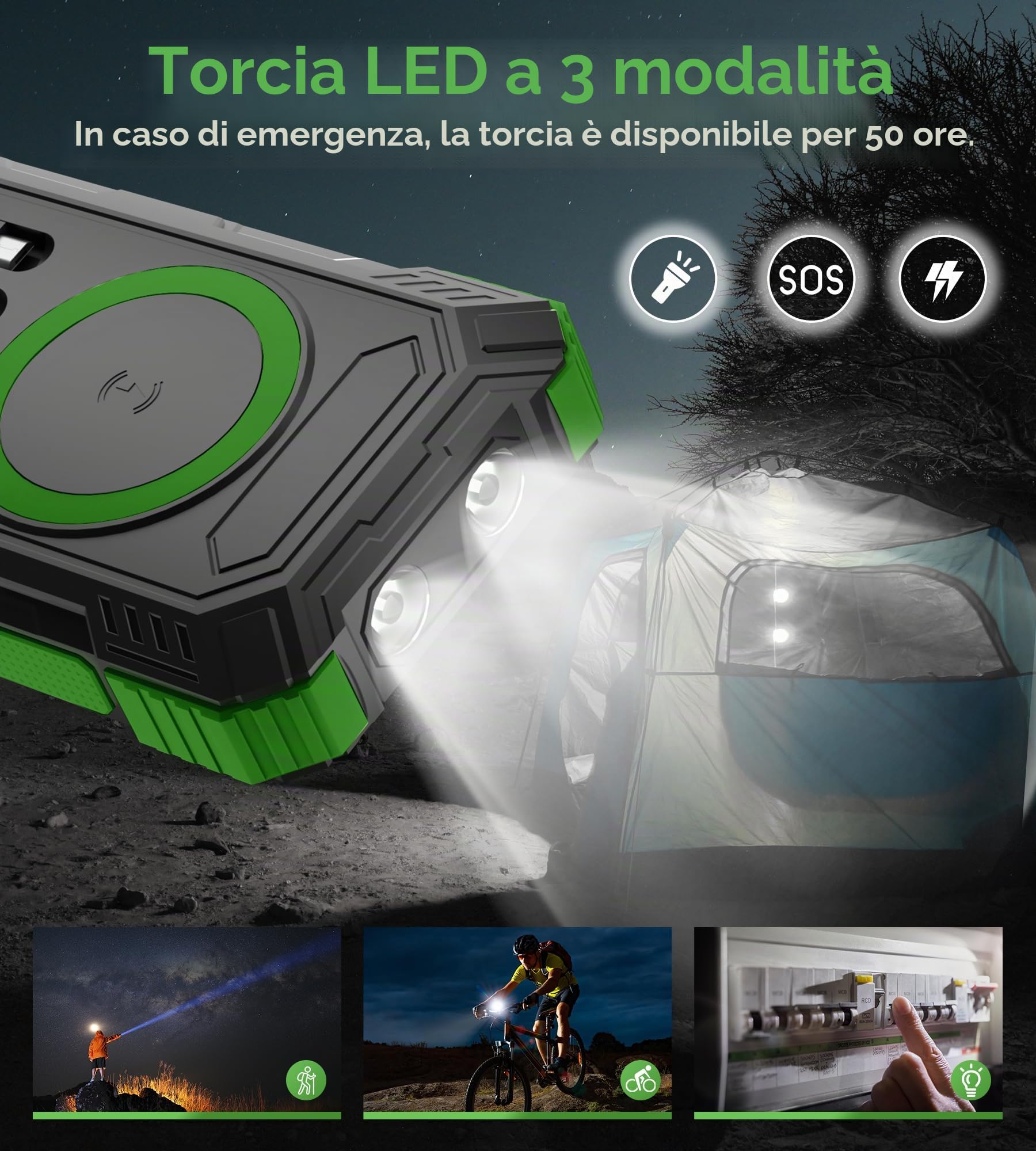 56800mAh Power Bank Solare Wireless, 30W Power Bank Ricarica Rapida, Caricatore Portatile con 4 Cavi Integrati, 6 Uscite, Torcia, Powerbank per Campeggio, Outdoor, Cellulare, Tablet (Verde)
