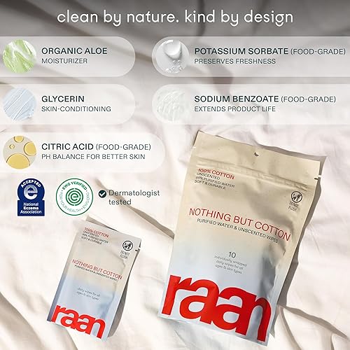 Miniatura 3 de Raan, 100% algodón, 99% agua purificada, toallitas limpiadoras faciales y corporales, sin fragancia, sin blanquear, hipoalergénicas, verificadas por