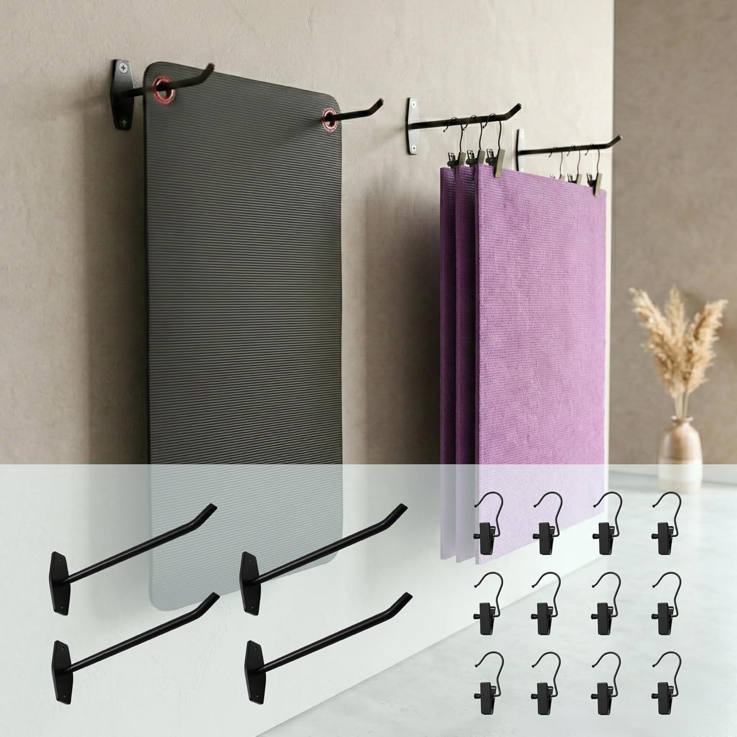 Yoga Mat Holder Wall Mount: 4 Pack Heavy Duty Metal Hooks & 12 PCS Clips for Yoga Mat (