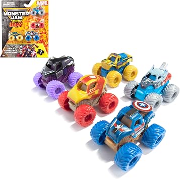 Monster Jams Toys Cars Trucks Mini Jams Pack of 5 Marvel | 4 Mini Tracks and 1 Mystery Track, Authentic Marvel Details, Collectible Fun, Toy for Ages 3+