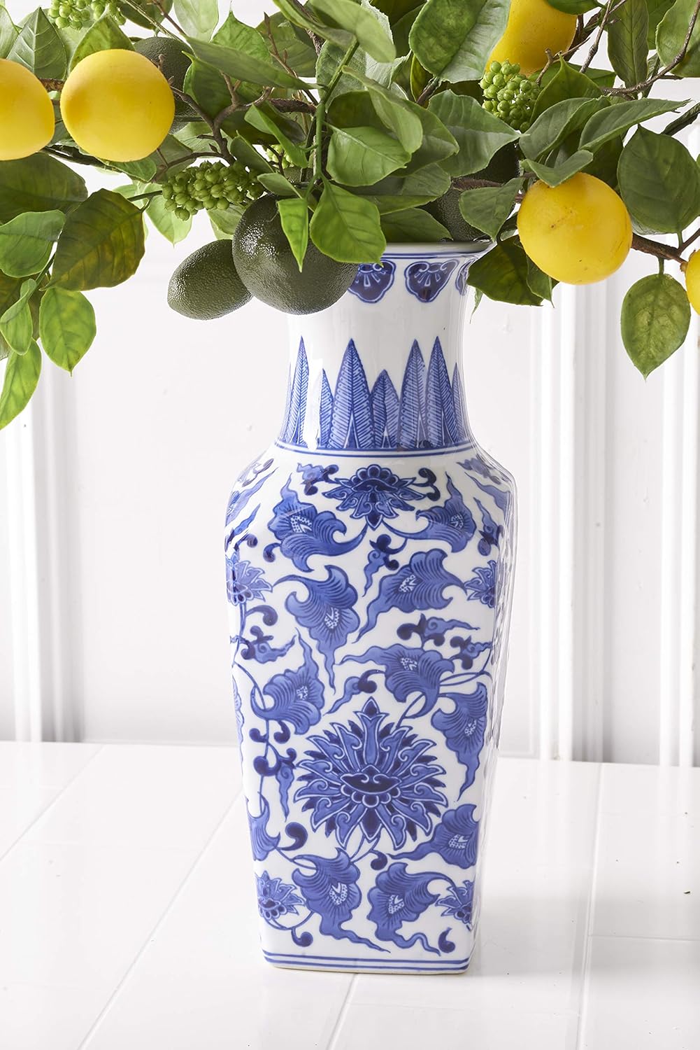 K&K Interiors Porcelain Blue and White Chinoiserie Square Vase, - 15299A
