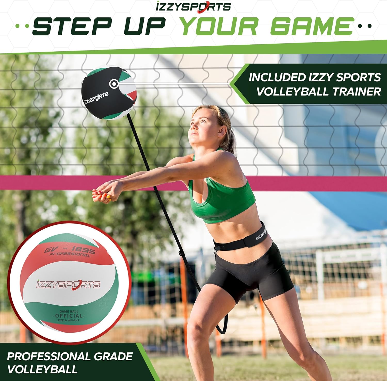 Red and Green Professional Volleyball Net Set, Easy Setup Regulation Net with Poles, Carrying Bag, Premium Ball, and More - Net for Backyard and Outdoor Beach Games