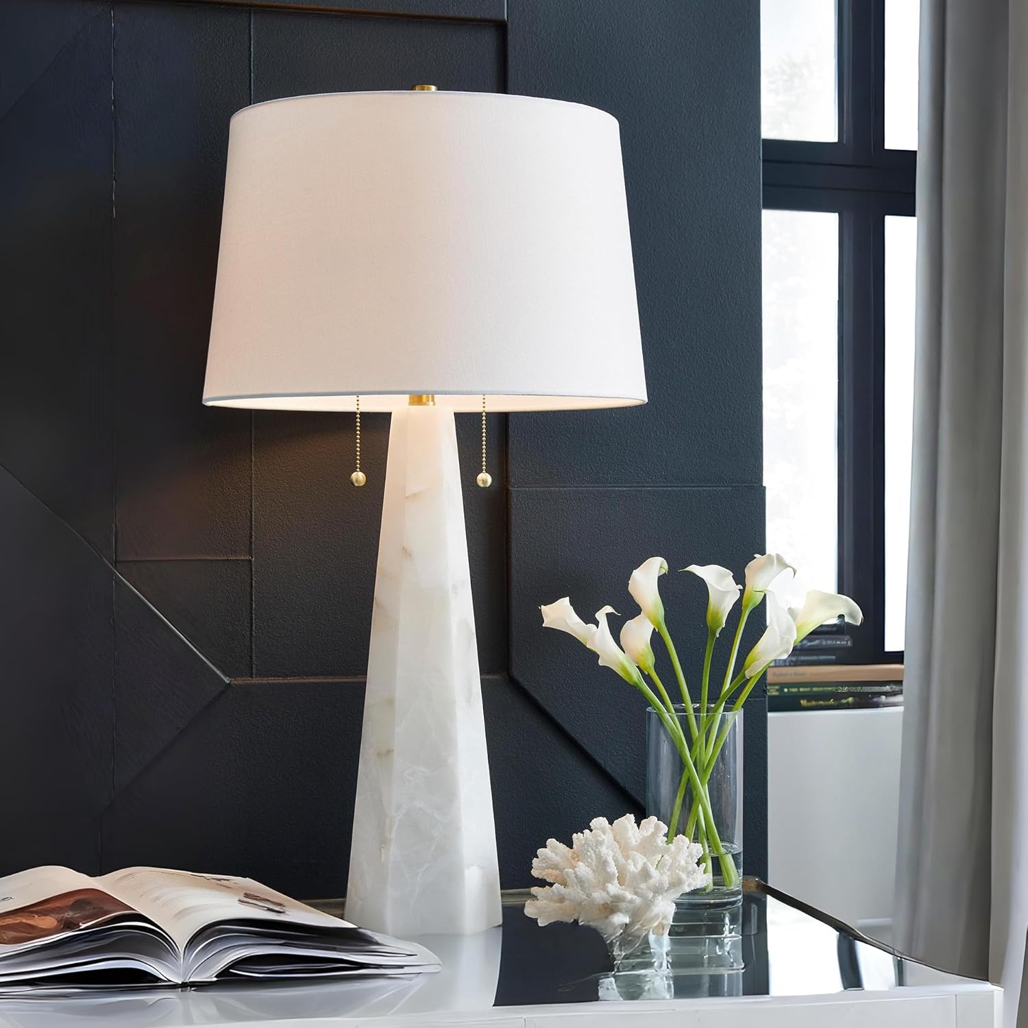 Signature Design by Ashley Laurellen Contemporary Table Lamp with 2 Sockets and Pull Chain Switch, Fabric Shade, Resin and Alabaster, 23.25" High, White