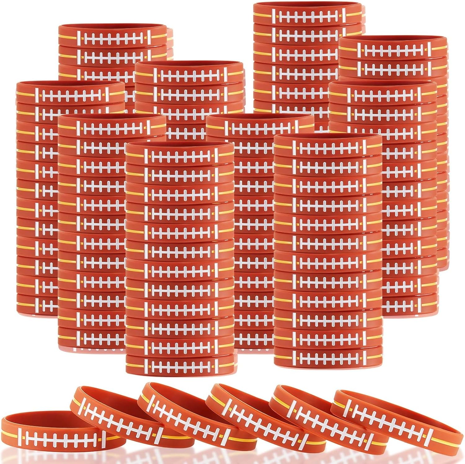 Shappy 200 Pcs Football Party Favors Football Bracelet Silicone Stretch Rubber Ball Wristbands for Adults Teens Birthday Themed Party Supplies Decorations