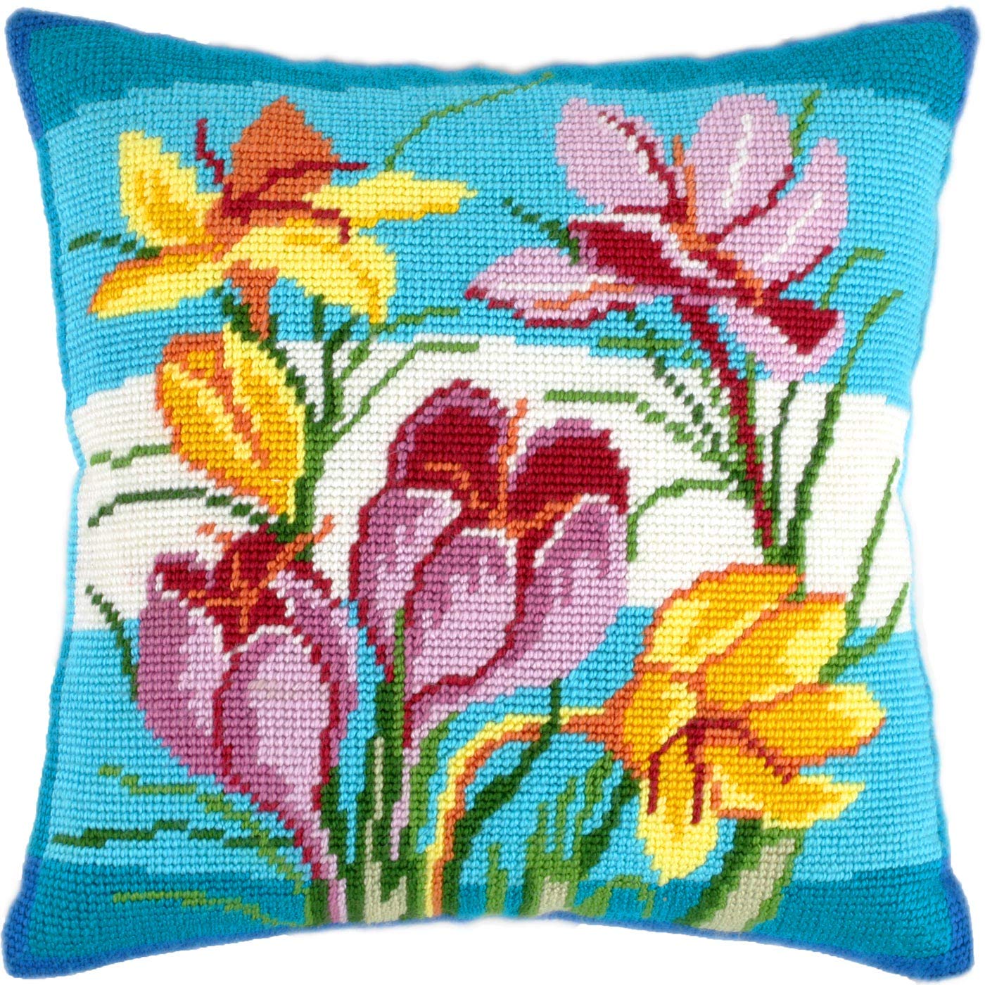 Brvsk Floral Embroidery Kit for Adults and Beginners — Crocuses 16″ × 16″ with Clear, Precise Printed Design on Cotton Canvas; Includes 2 Needles,