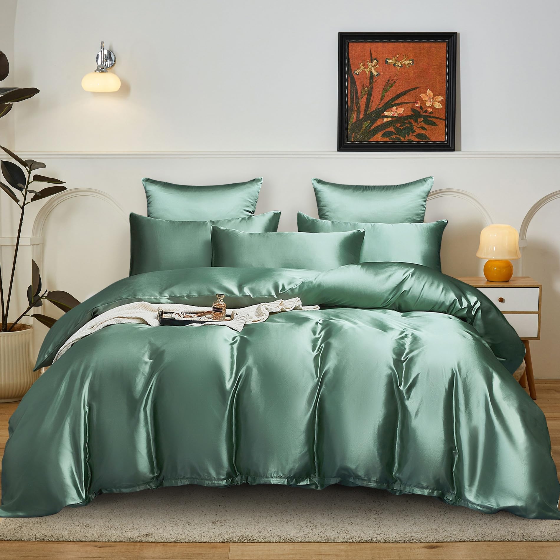Biancheria da letto in raso 200x220 Verde erba brillante tinta unita satinata biancheria da letto lucida e liscia set di copripiumino deluxe morbido e setoso 3 pezzi con cerniera e 2 federe