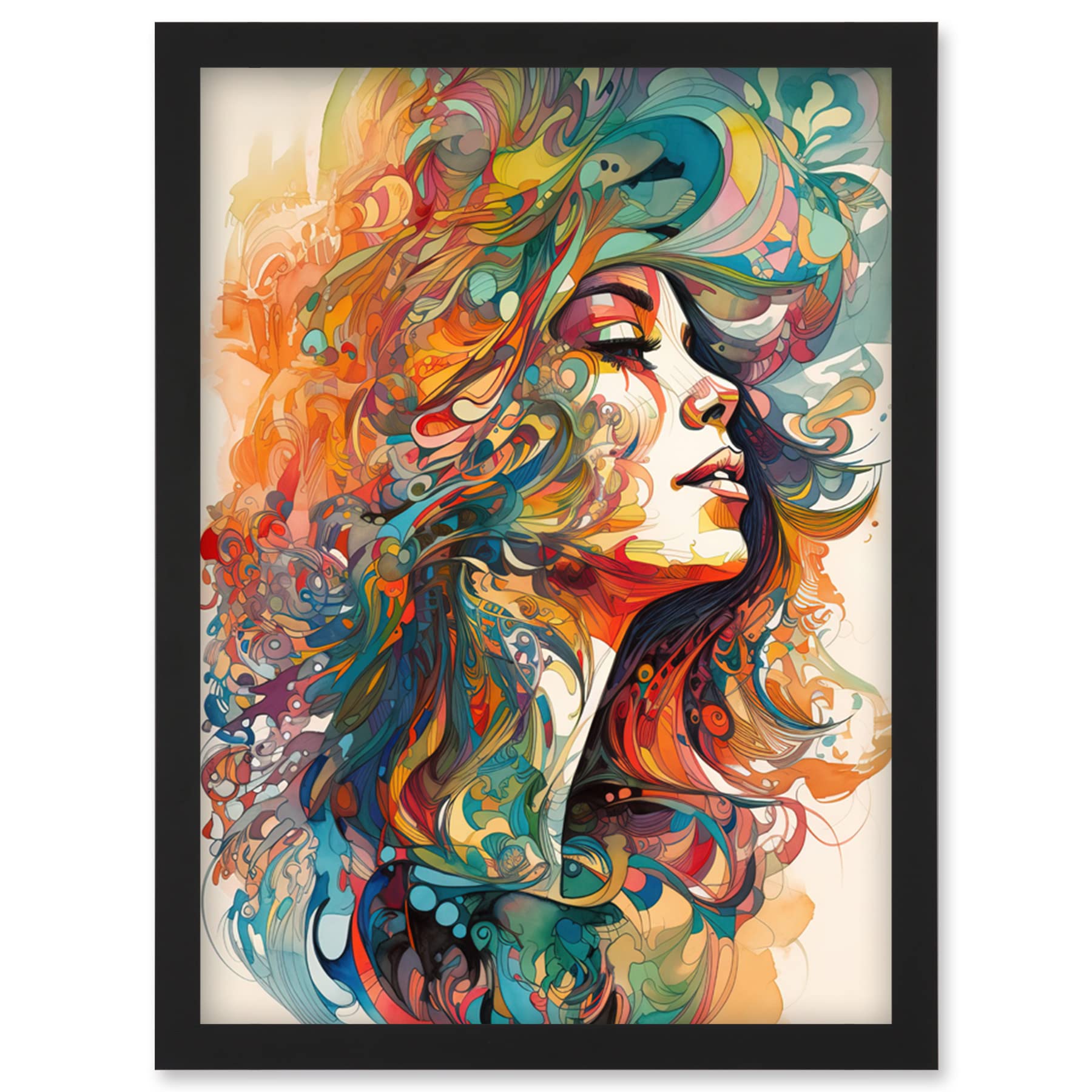 Artery8 Iris Goddess of Rainbows Multicoloured Flowing Hair Deity Portrait Modern Watercolour Illustration Artwork Framed Wall Art Print A4