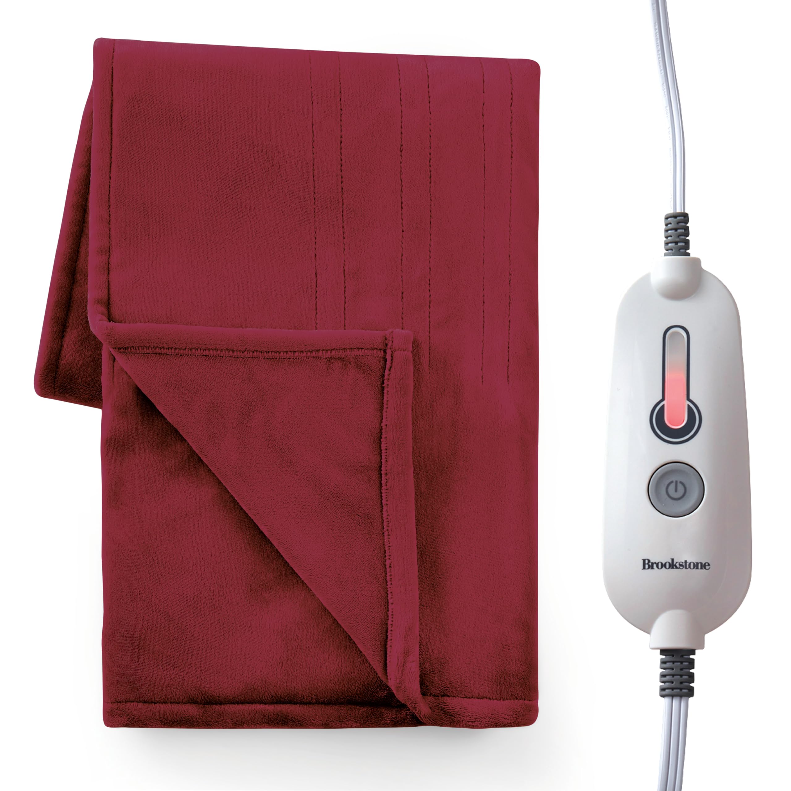 Brookstone Oversized Electric Heated Throw in Red on a couch with controller detail