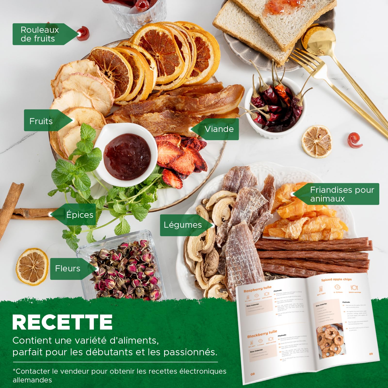 Kwasyo Déshydrateur Alimentaire, 10 Plateaux Desydratateur avec Minuteur (24H) Deshydrateur de Fruit et Legumes Température Réglable (30 à 90°C), Livre de Recettes