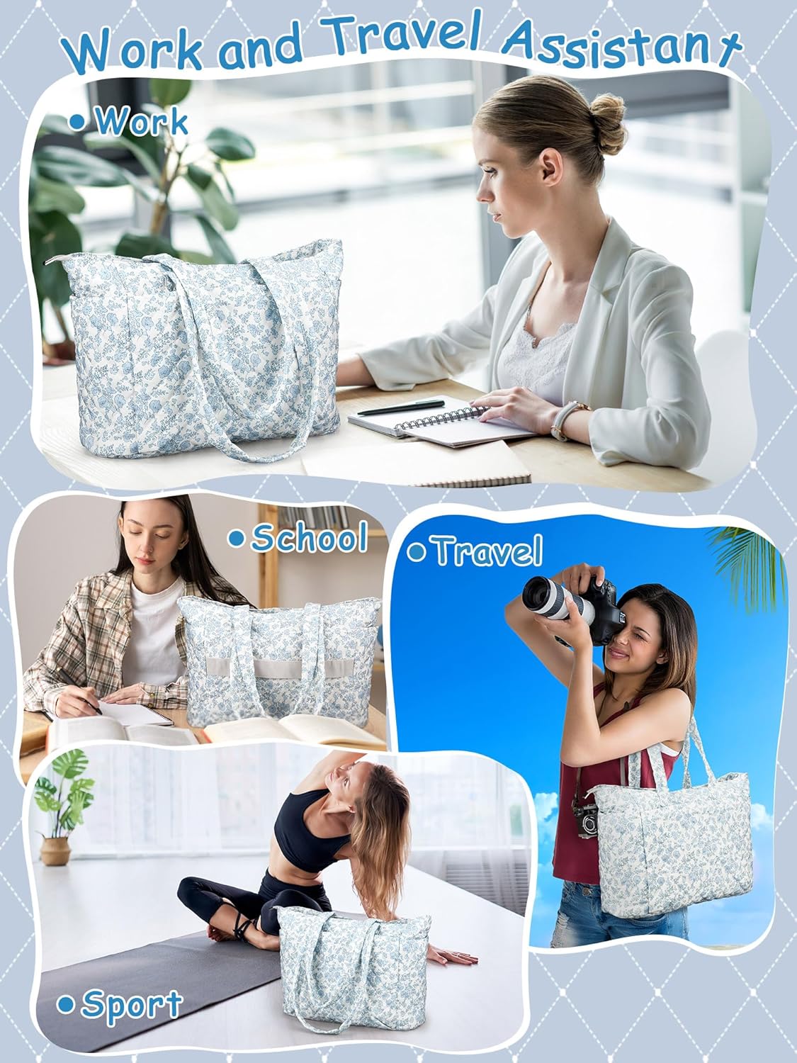 Women Blue Floral/Pink Bow Tote Bag Lightweight Puffy Tote Bag with Zipper Quilted Shoulder Handbag for Travel Work - Image 5