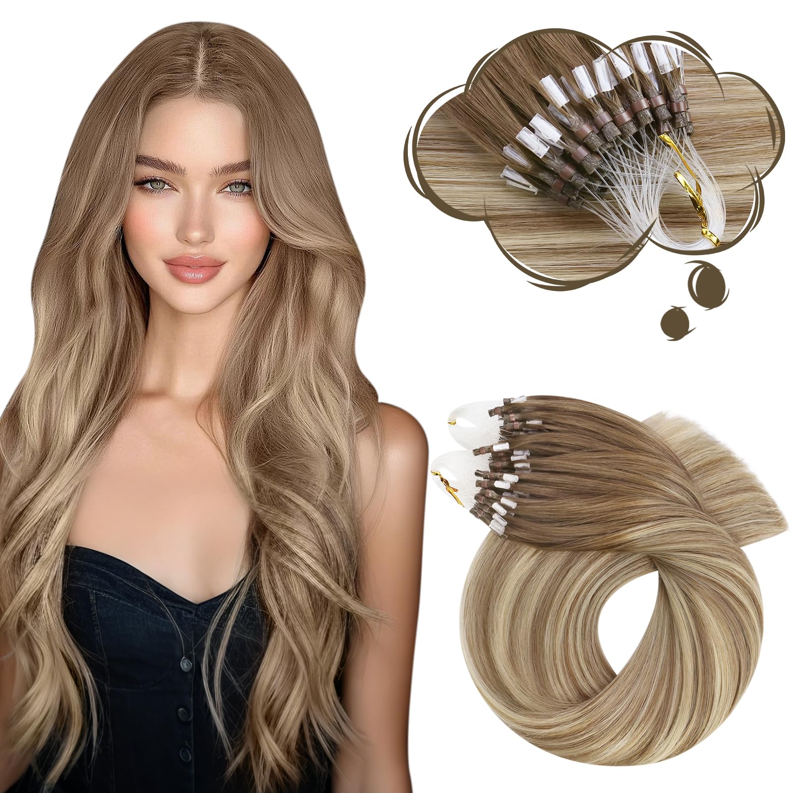 Moresoo Microlink Hair Extensoiosn Huamn Hair Ombre Light Brown to Medium Brown Micro Loop Human Hair Extensions 18 inch 50g 50s