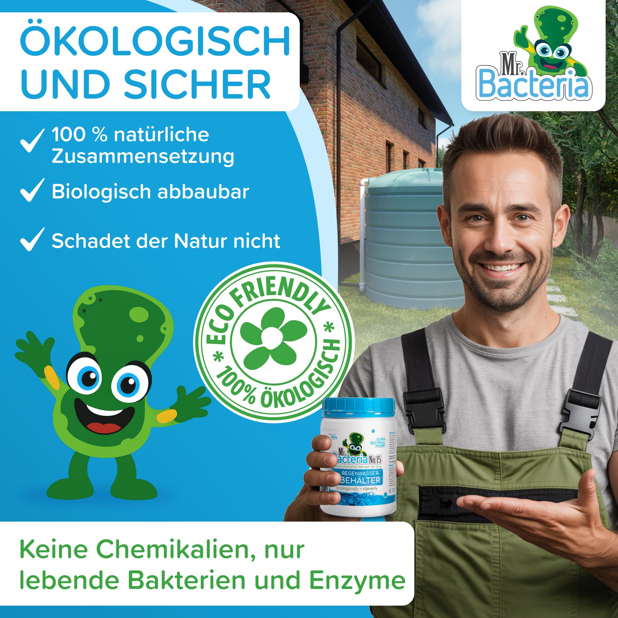 No.15 Bioenzymatischer Reiniger für Ihre REGENWASSERBEHÄLTER, Regenwassersammeltanks, Lagertanks, Regenwasser, Regenwassertank Garten 500 g - 1 Stück
