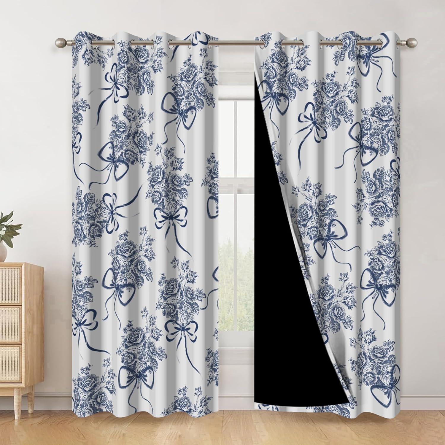 AWERT Floral Printed Blackout Curtains 63 Inches Long 2 Panels Blue Flowers Bowknot Romantic Vintage Window Drapes Thermal Insulating Room Darkening for Bedroom Living Room, Each Size 42x63 Inches