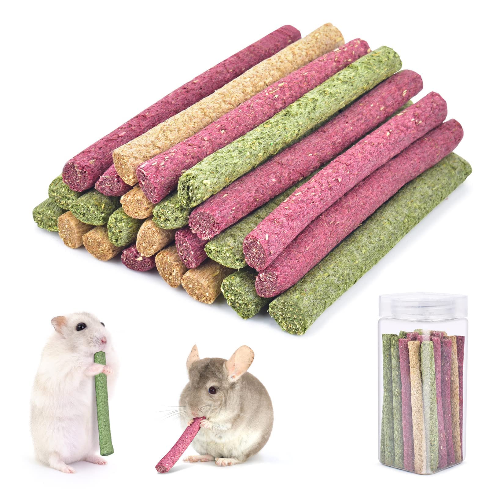 NNCVTimothy Hay Sticks,Rabbit Chew Toys for Teeth Natural Timothy Grass Molar Sticks Treats Alfalfa Hay for Bunnies, Chinchilla Guinea Pigs, Gerbil, Hamster 25 Pcs (Timothy+Oatmeal+Beet)