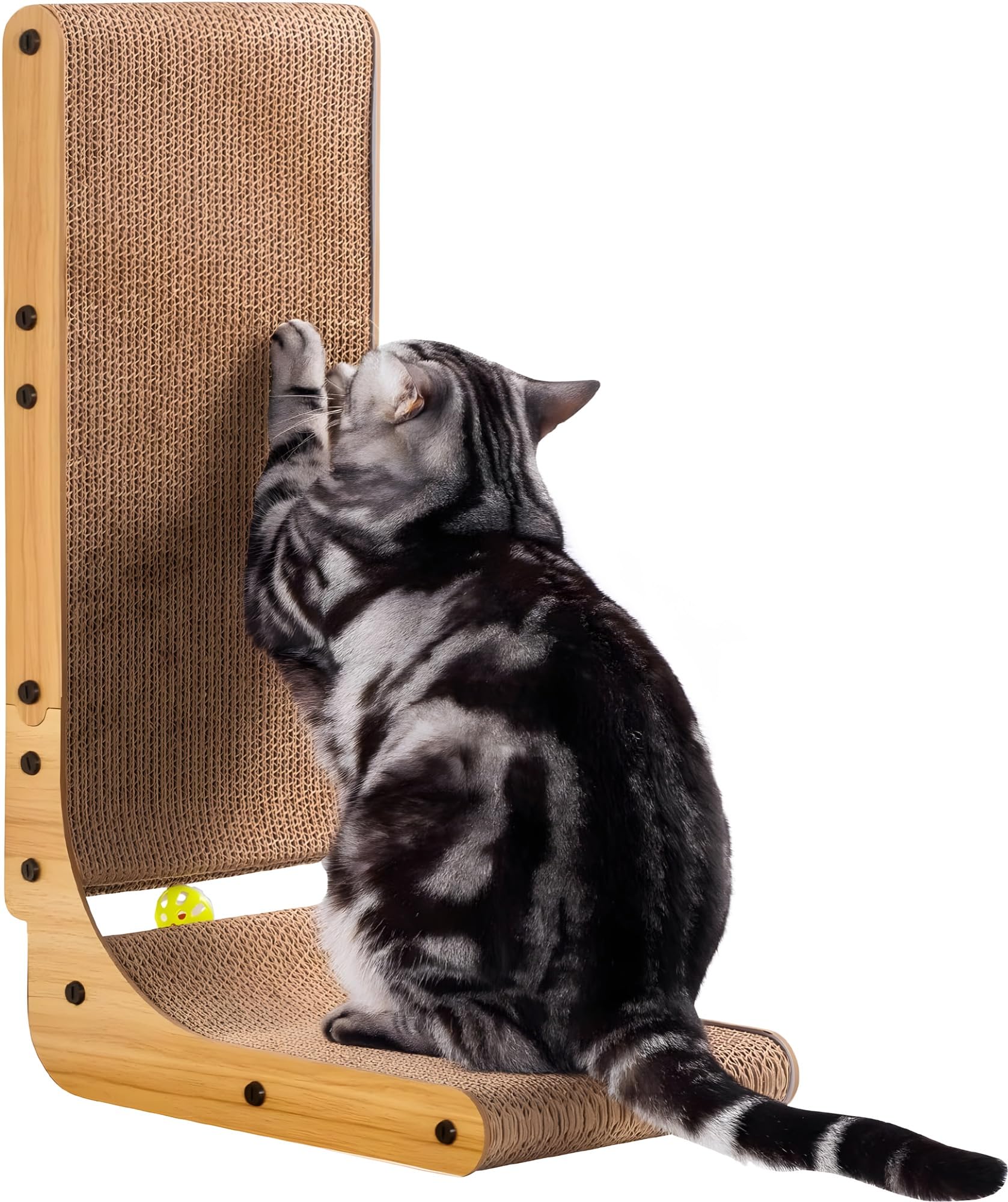 PawLites L Shape Scratch Post, 26.8 Inch Scratcher for Indoor Cats, Scratching Pad With Ball Toy, Large Cardboard