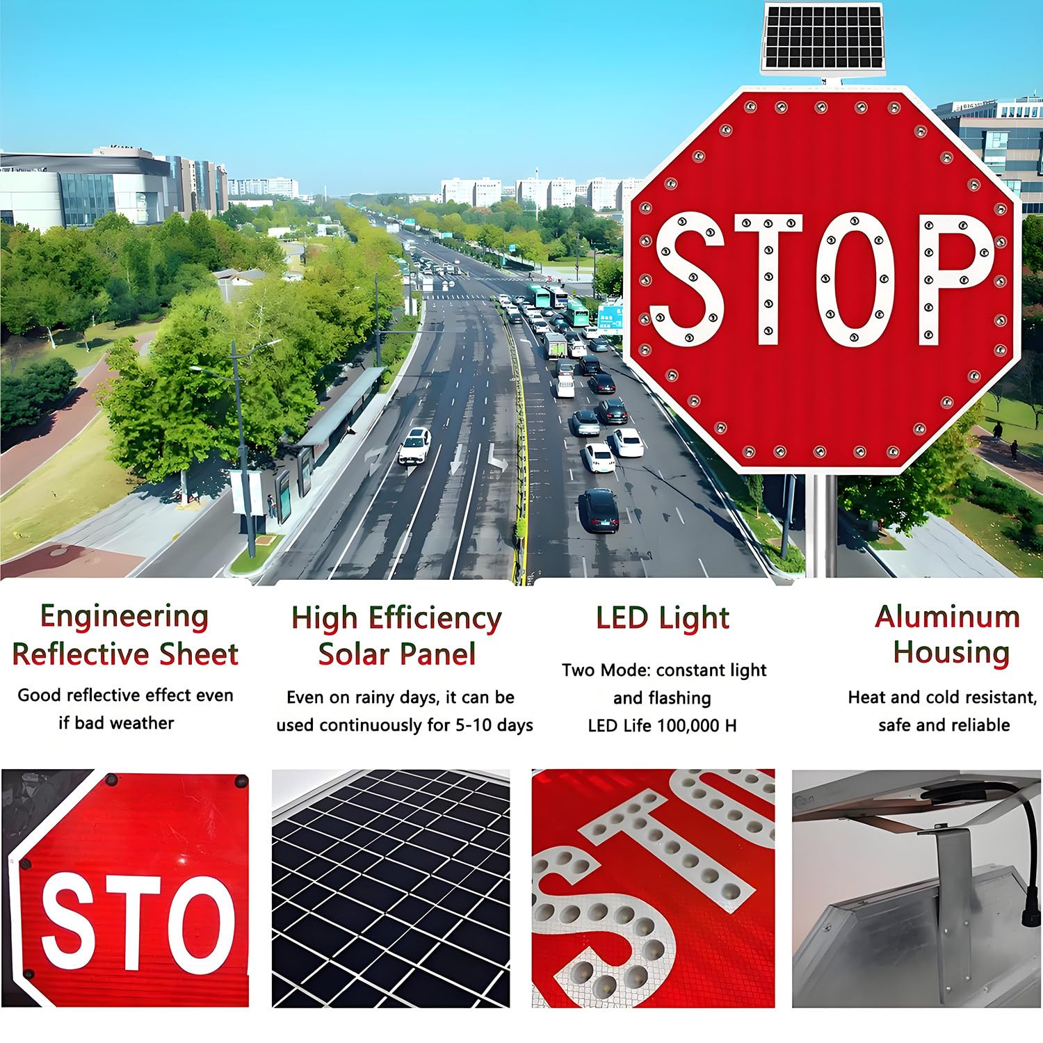 Señal de Stop Solar, señal de Stop LED Intermitente con energía Solar, señales de tráfico octagonales de Aluminio, LED Intermitentes para Calle, Resistente al Agua IP65 60 * 60cm