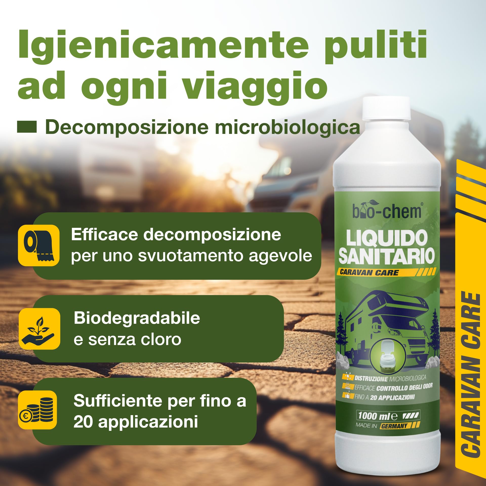 bio-chem - Liquido Sanitario 2L Nuova Formula con microrganismi per bagni chimici di roulotte - Additivo Sanitario concentrato per bagni Portatili da Campeggio - Bicchiere dosatore Incluso