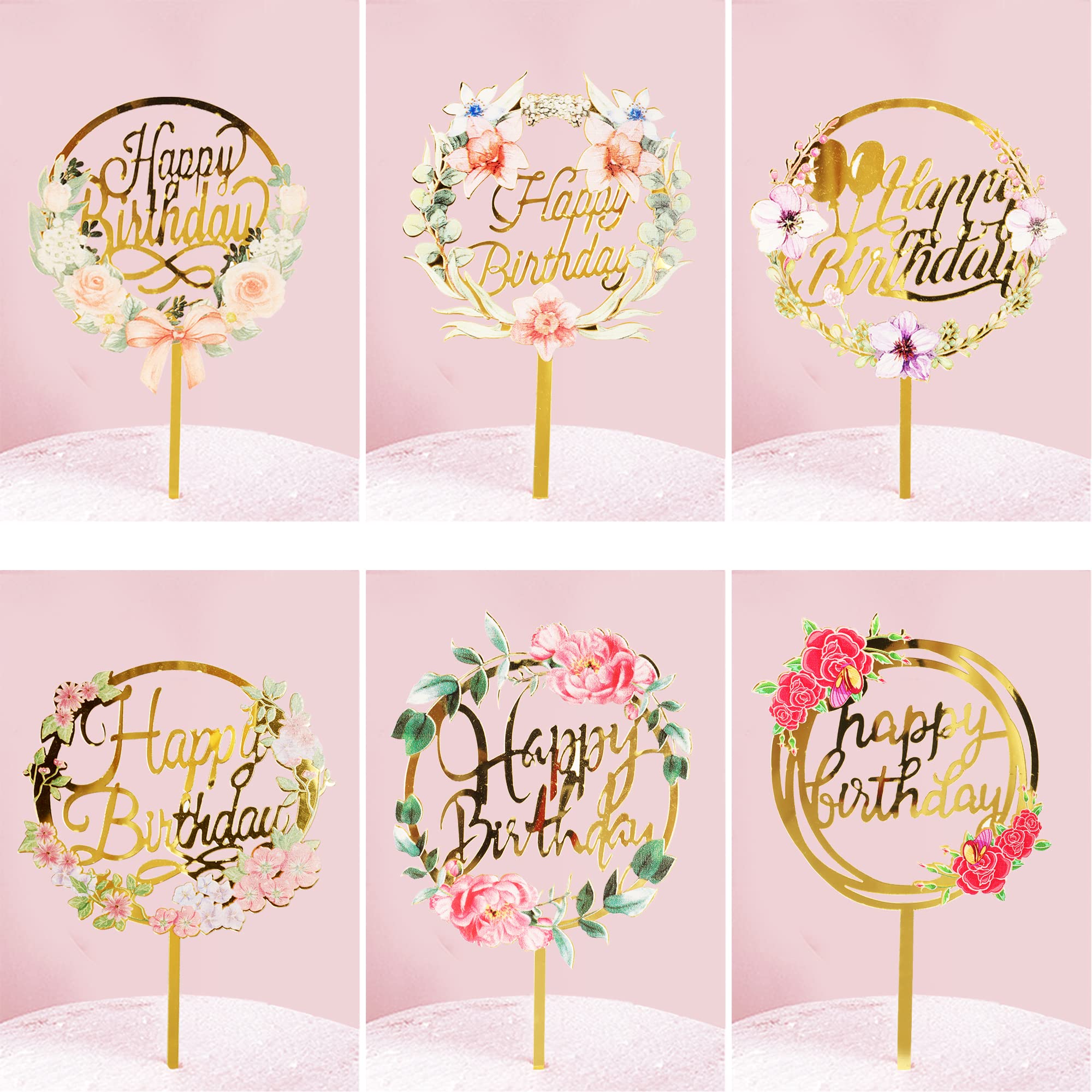 NiCoLa Happy Birthday Cake Topper 6 Pack Acrylic Glitter Gold Cake Topper Acrylic Happy Birthday Cake Toppers for Birthday Party Cake Desserts Pastries for Children or Adults Various Cupcake Topper