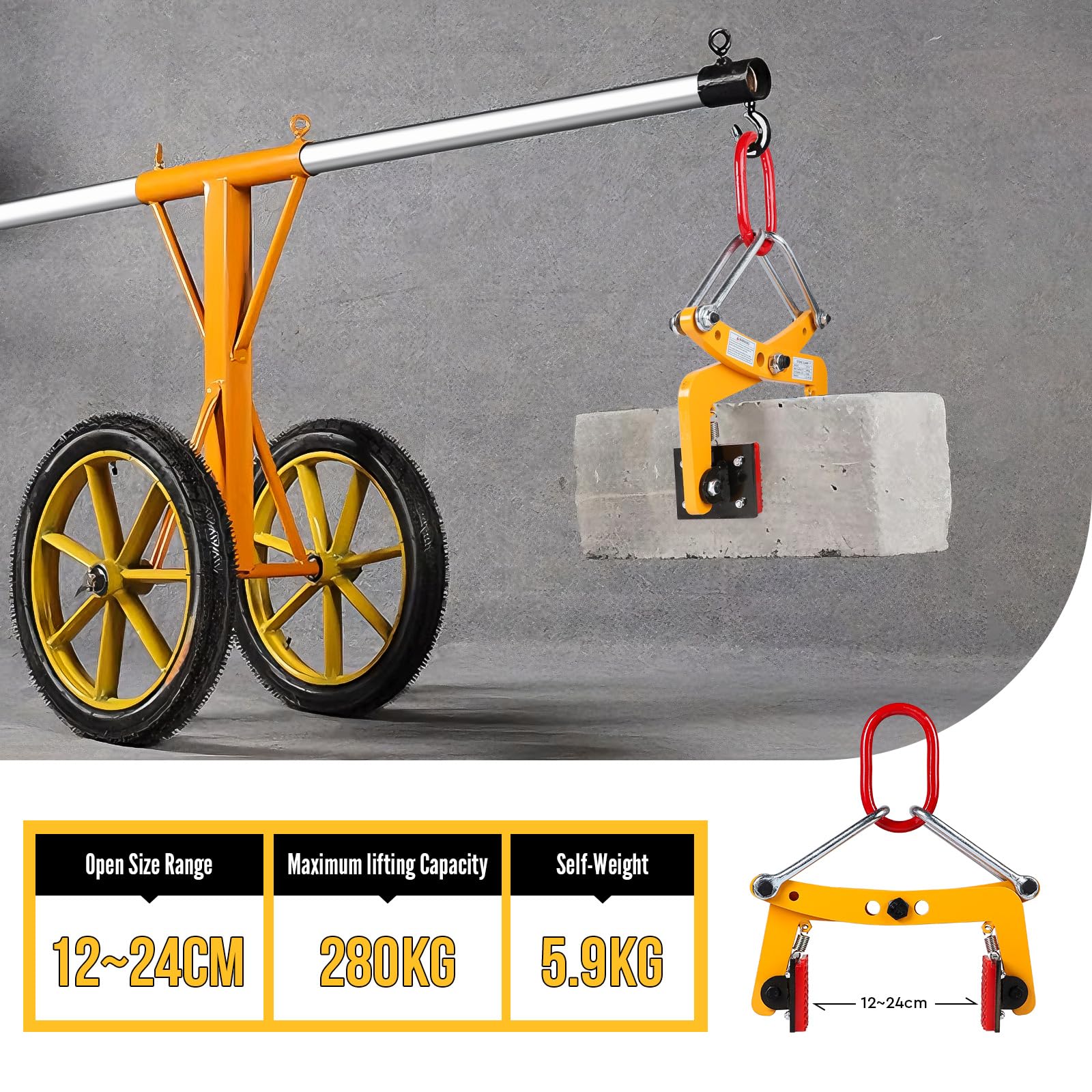 SWAWIS Pinza di Sollevamento per Cordoli Apertura Regolabile 12-24cm Capacità di Carico 280 kg Pinza per Pavimentazione con Cuscinetti Antiscivolo in Gomma per il Trasporto di Pietre o Legname(Giallo)