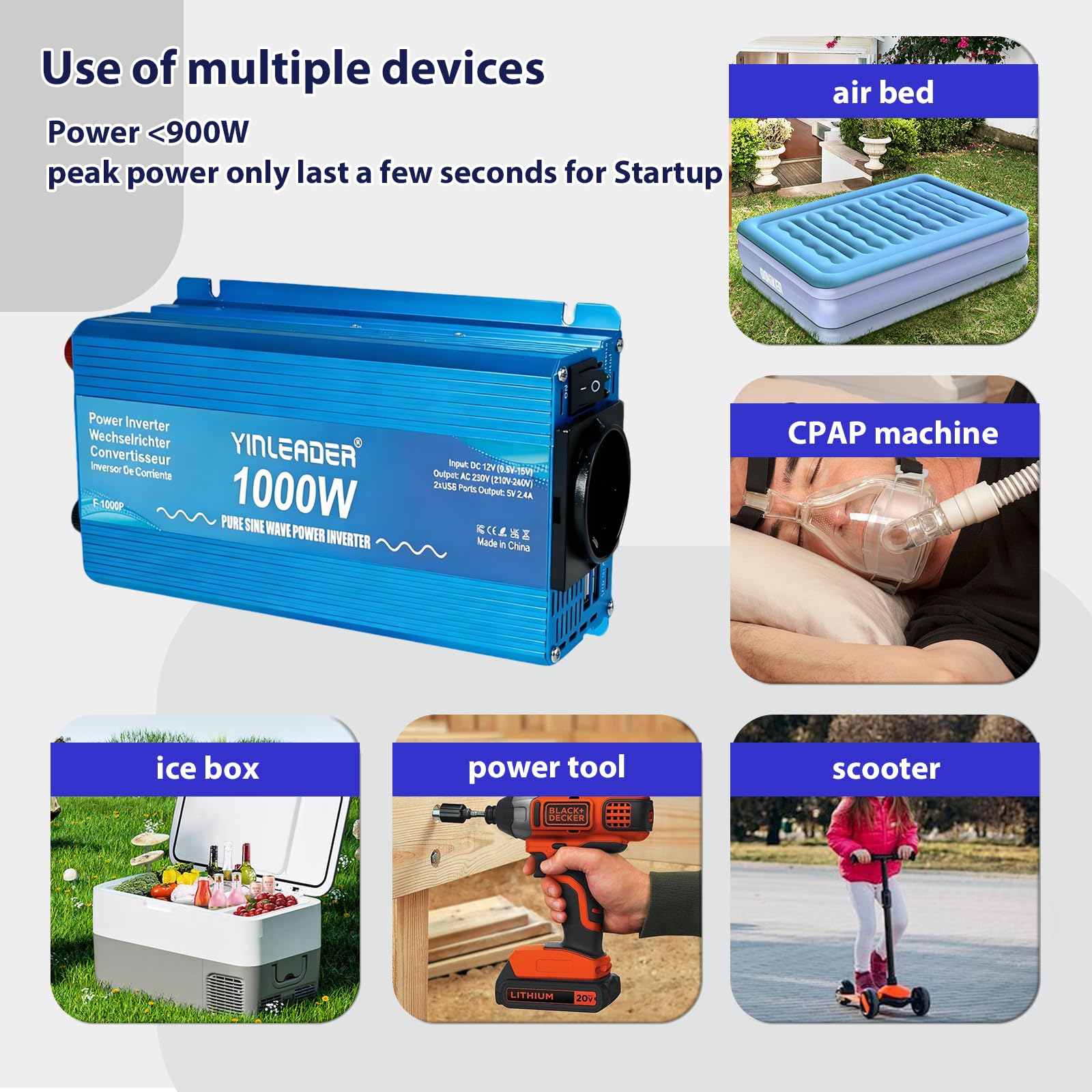 Wechselrichter 1000W /2000W Yinleader Reiner Sinus DC 12V AC 230V Spannungswandler 1 AC Ausgang 2 USB für Auto Campen Solar