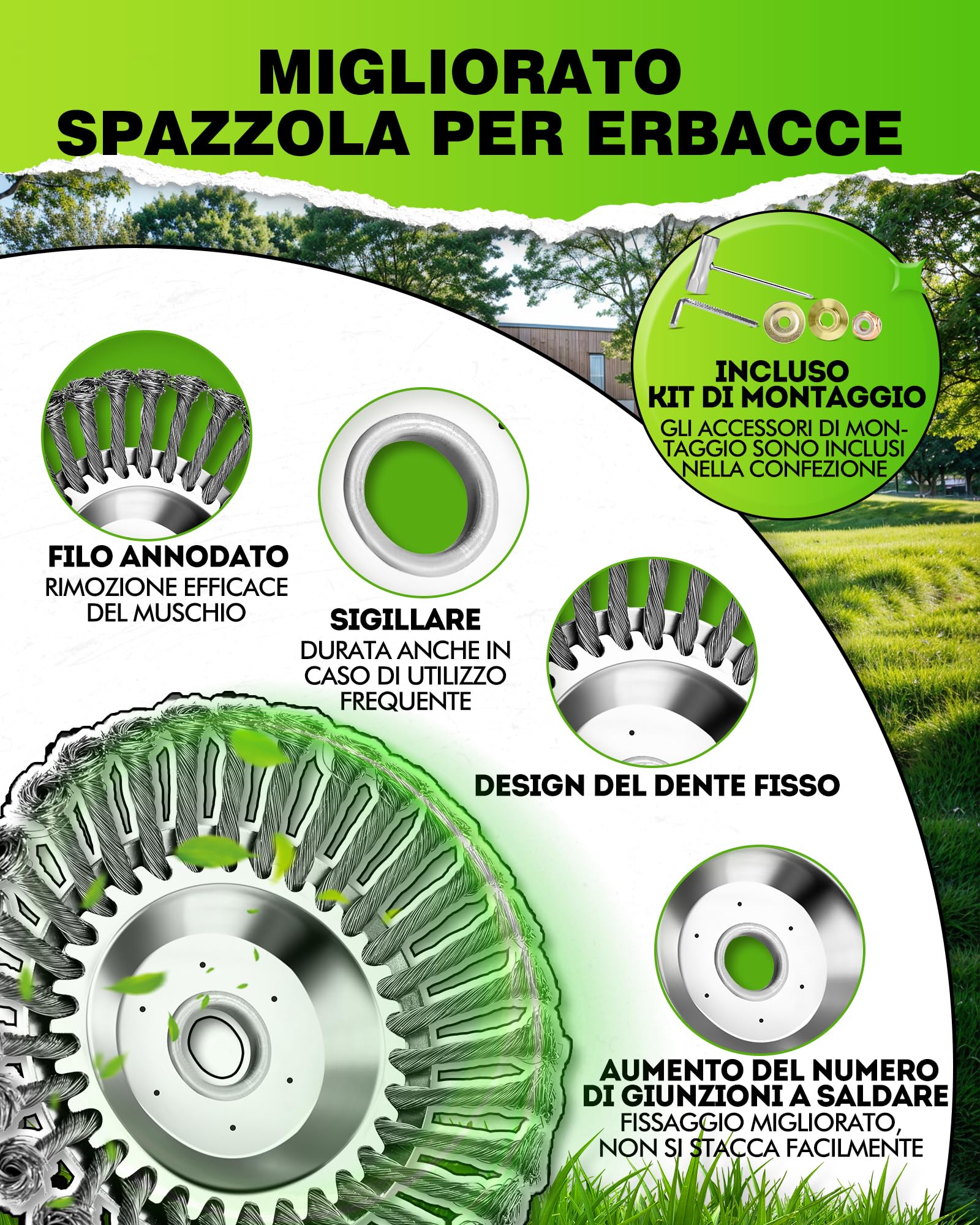 Spazzola per erbacce professionale, 25,4 x 200 mm, elevata stabilità, molto robusta, montaggio facile, 2 pezzi