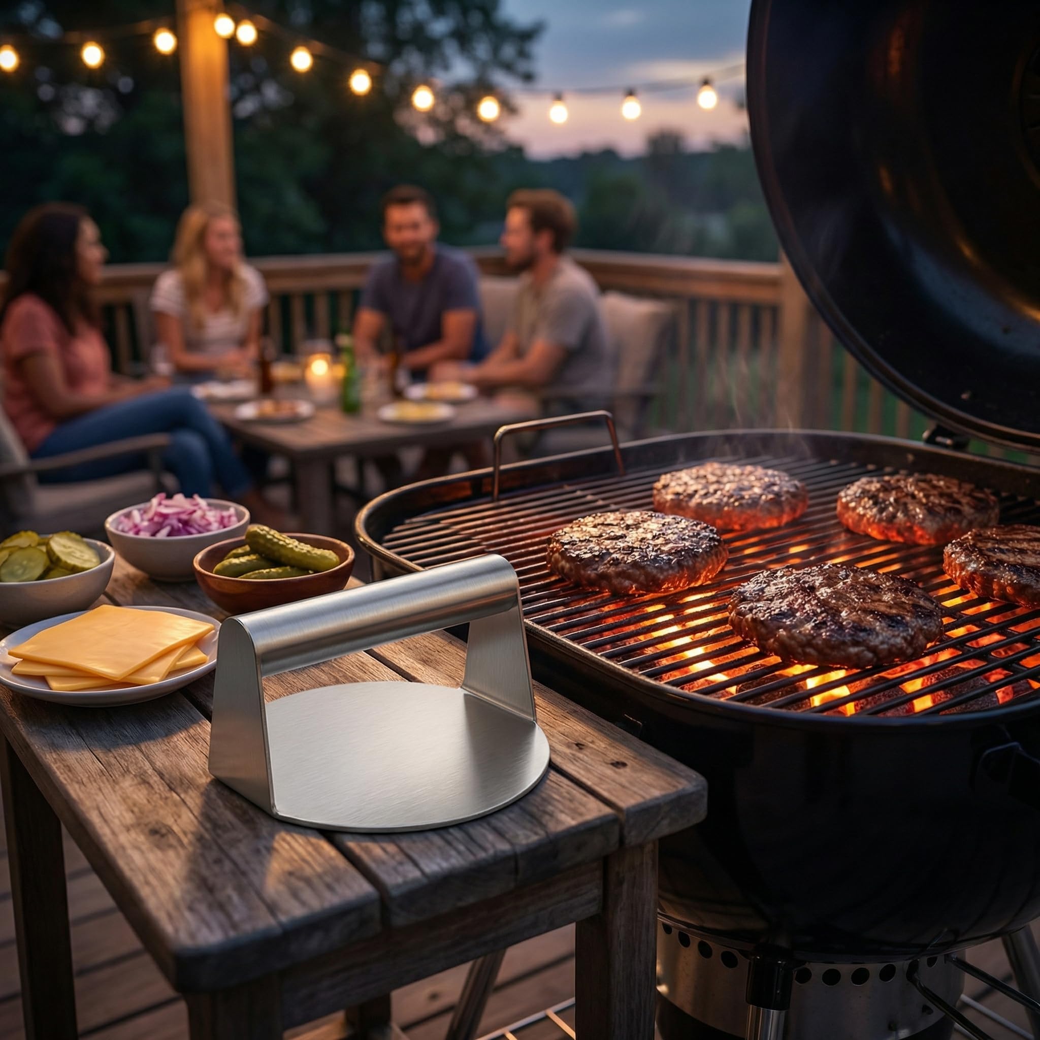 Arendo - Burger Set XXL - 1 x Grillspachtel - 1 x Pfannenwender - 1 x Burgerpresse - 2 x Schmelzkuppeln – Edelstahl – hitzebeständig geschmacksneutral lebensmittelecht - Burger und Smash Burger