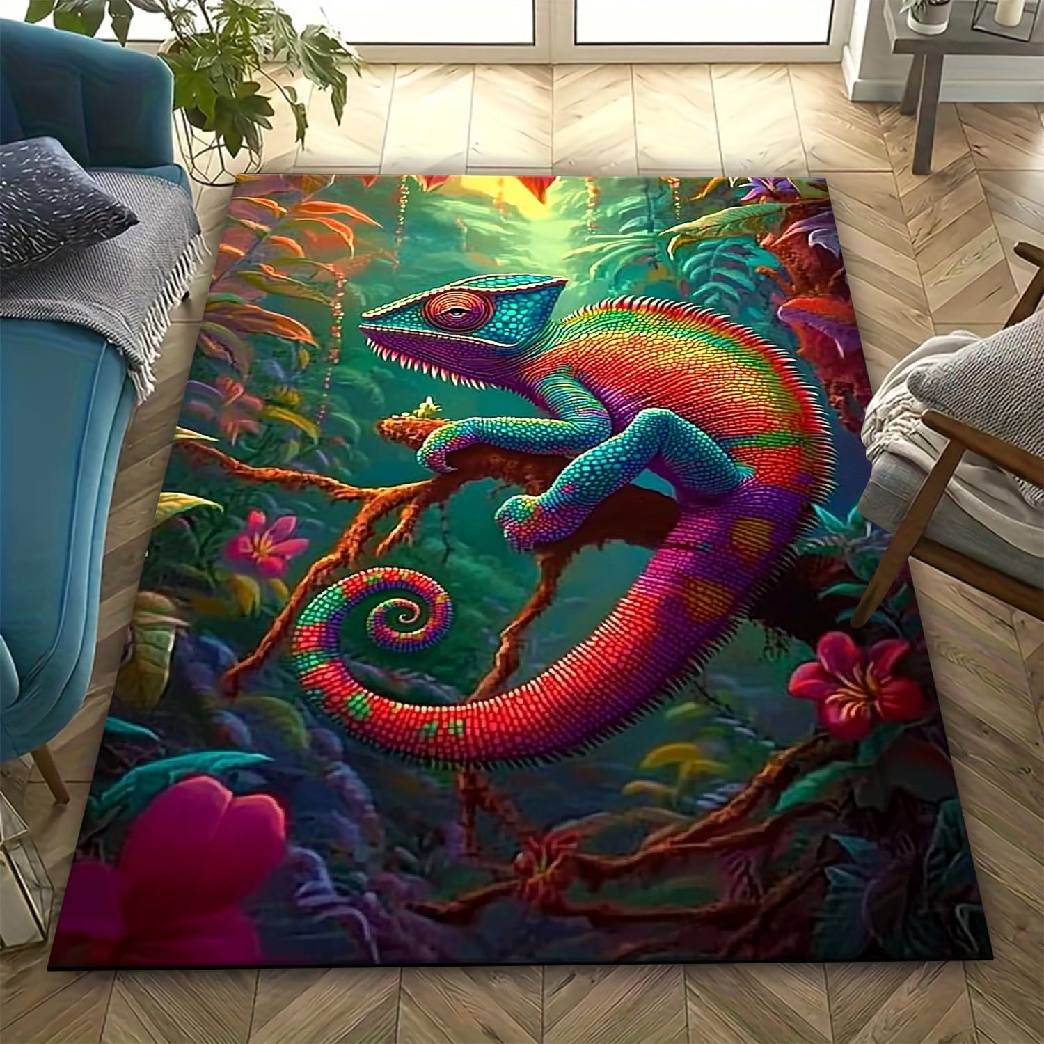 Tapis de chambre caméléon 3D idéal pour créer un salon cosy et relaxant
