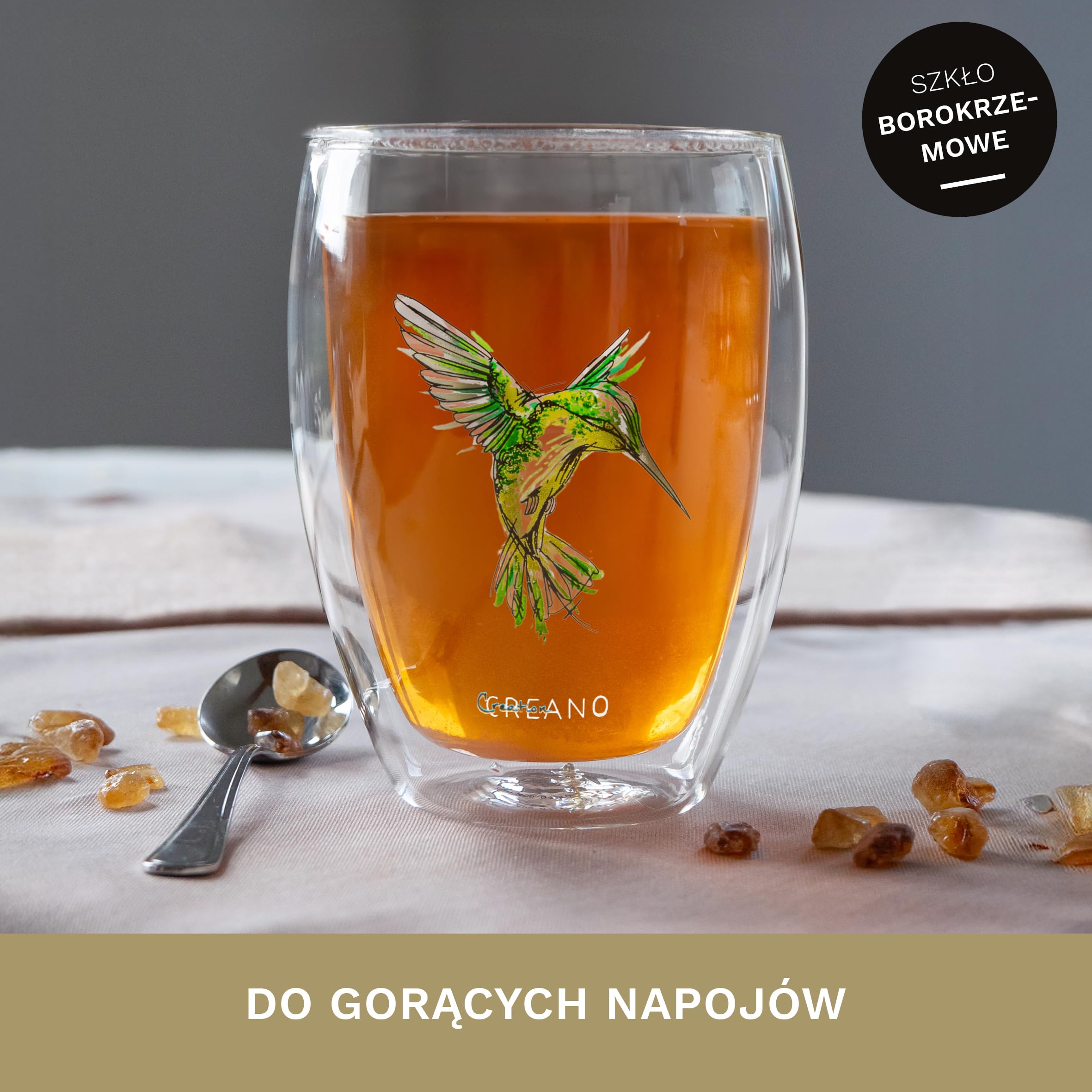 Creano Kieliszki Hummi, latte Macchiato, szklanki termiczne z kolibrem, zestaw 6 sztuk, 250 ml, w kolorach niebieskim, czerwonym, zielonym, pomarańczowym, fioletowym, żółtym