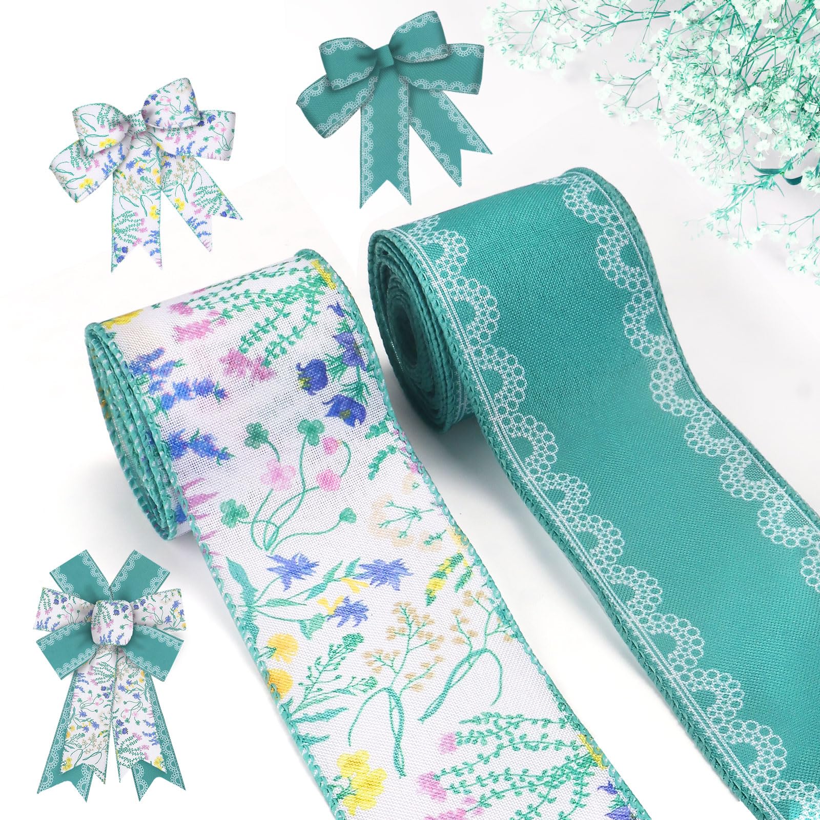 ALIBBON 2 Rolls 2.5" × 5 Yd Spring Flower Ribbons Sage Green White Lace Wired Edge Burlap Ribbons Pink Yellow Purpel Floral Leaves for Spring Wreath