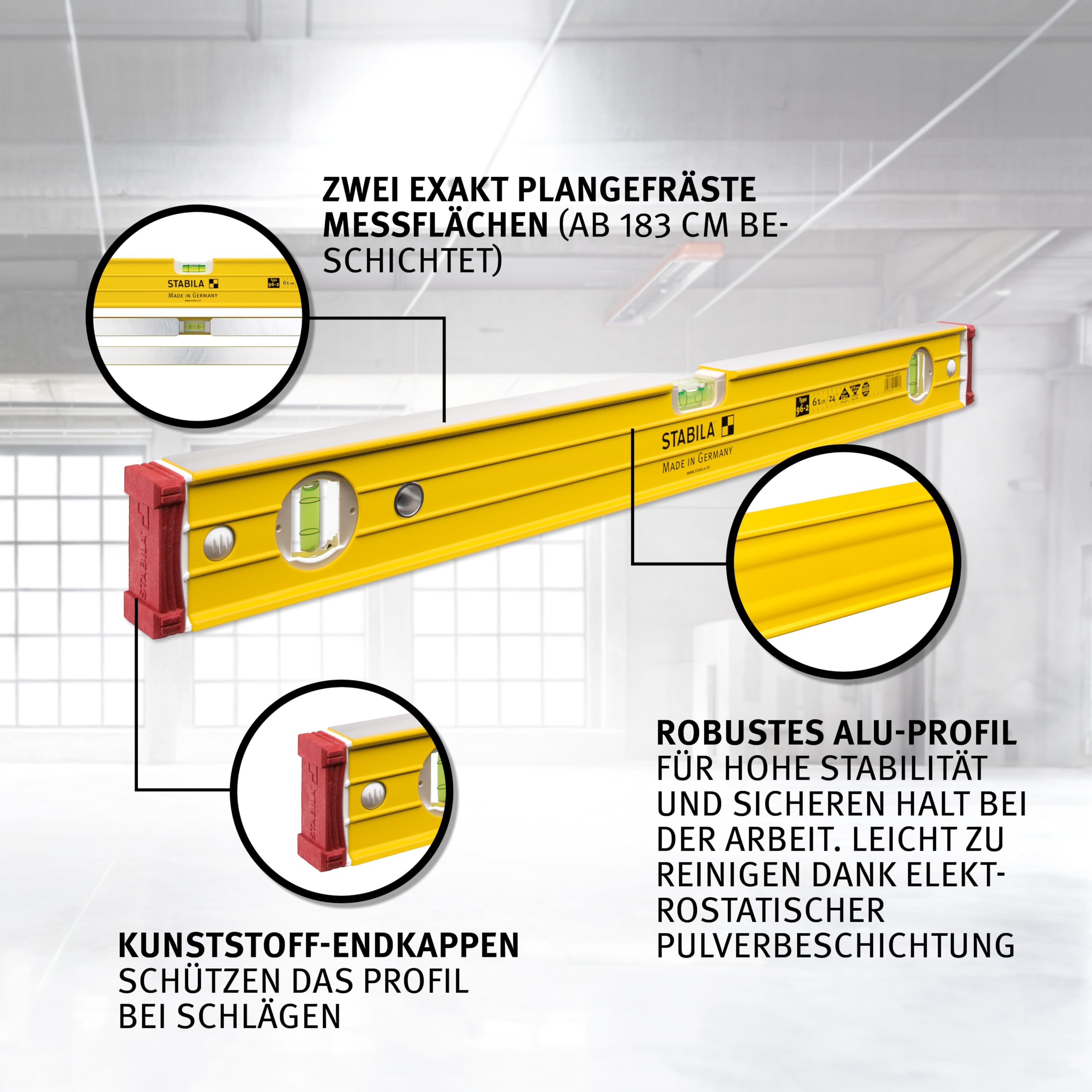 STABILA Wasserwaage Type 96-2, 40 cm, extrasteifes Alu-Profil, 1 Horizontal-Libelle, 2 Vertikal-Libellen, stoßdämpfende Endkappen, integrierte Rutsch-Stopper, Made in Germany, Gelb