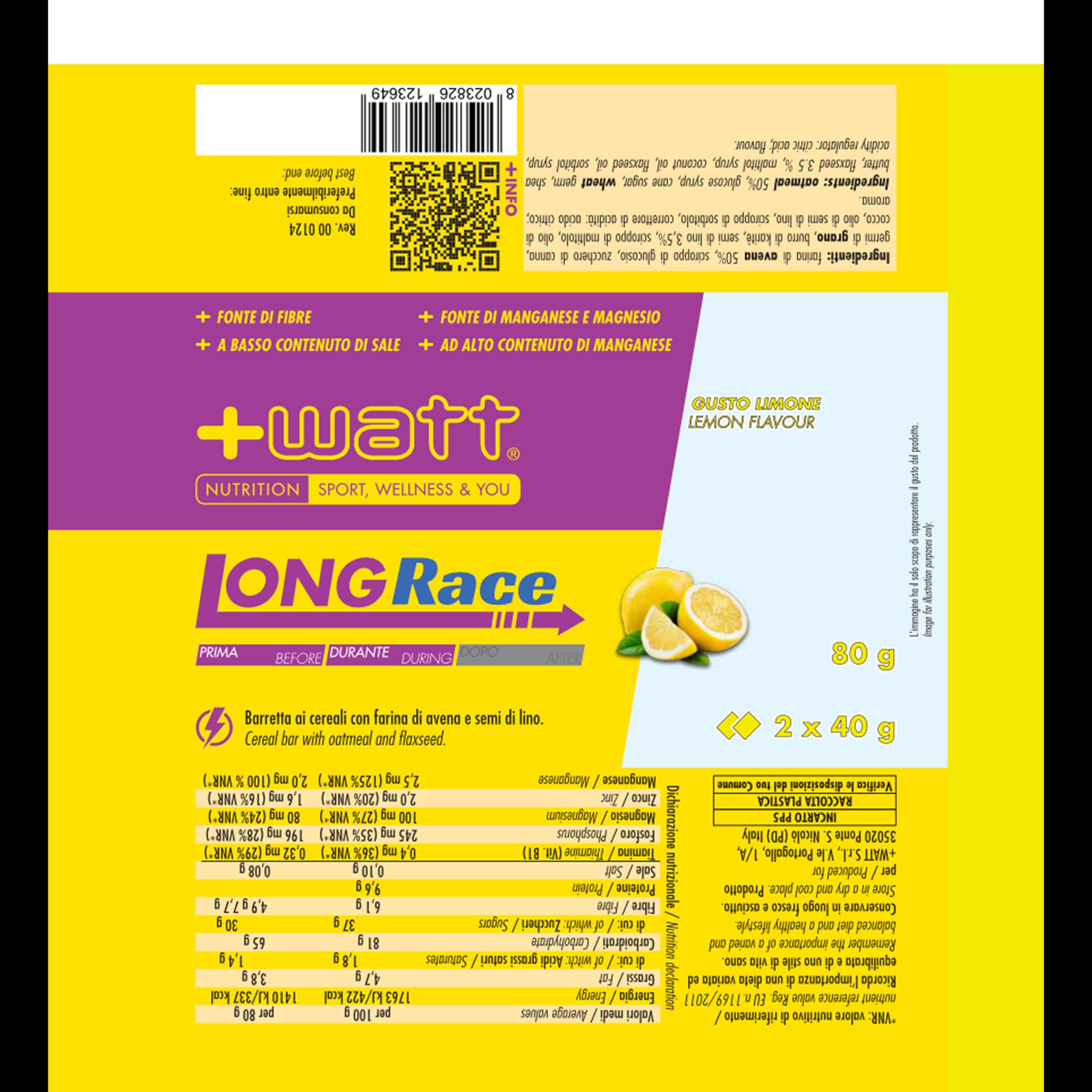 LONG RACE - Barretta Energetica ai Cereali con Farina di Avena, Cocco e Semi di Lino per Pre-Workout o Allenamenti di Lunga Durata (Box 12 Barrette, Limone)