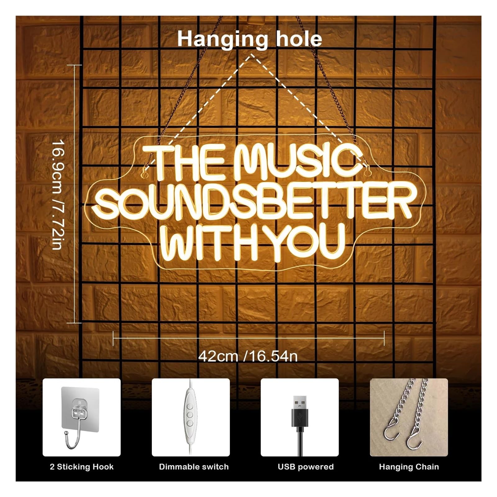 Insegna al Neon LED Insegna Al Neon A LED Dimmerabile The Music Sounds Better With You Per Camera Da Letto, Studio Musicale, Negozio Di Dischi, Decorazione 42cmx16.9cm