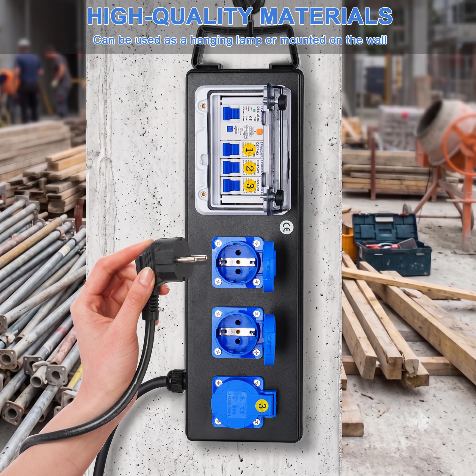 Tragbarer Stromverteiler mit 3P CEE-Stecker und 2m kabel - Baustromverteiler mit Leitungsschutzschalter - CEE Steckdose Verteiler mit 3X 250V/16A Schuko für Baustellen, Wohnwagen, Wohnmobile