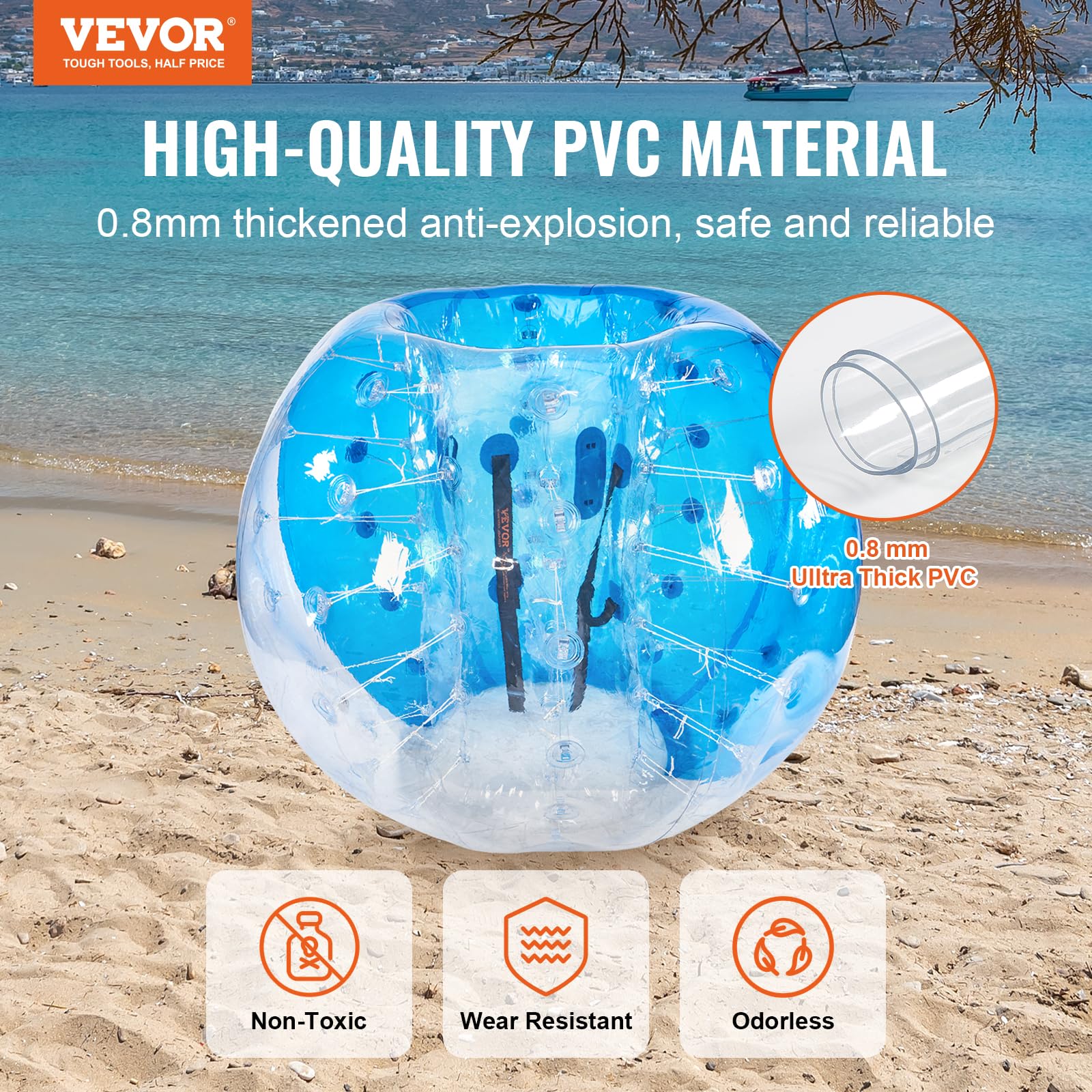 VEVOR Bulle Gonflable de 1,5 m, Balle Pare Chocs à Bulles en PVC pour Hamster Humain 0,8 mm d'Épaisseur pour Adolescents et Adultes Jeux d'Équipe en Plein Air Jouets Pare-Chocs Bleu et Transparent