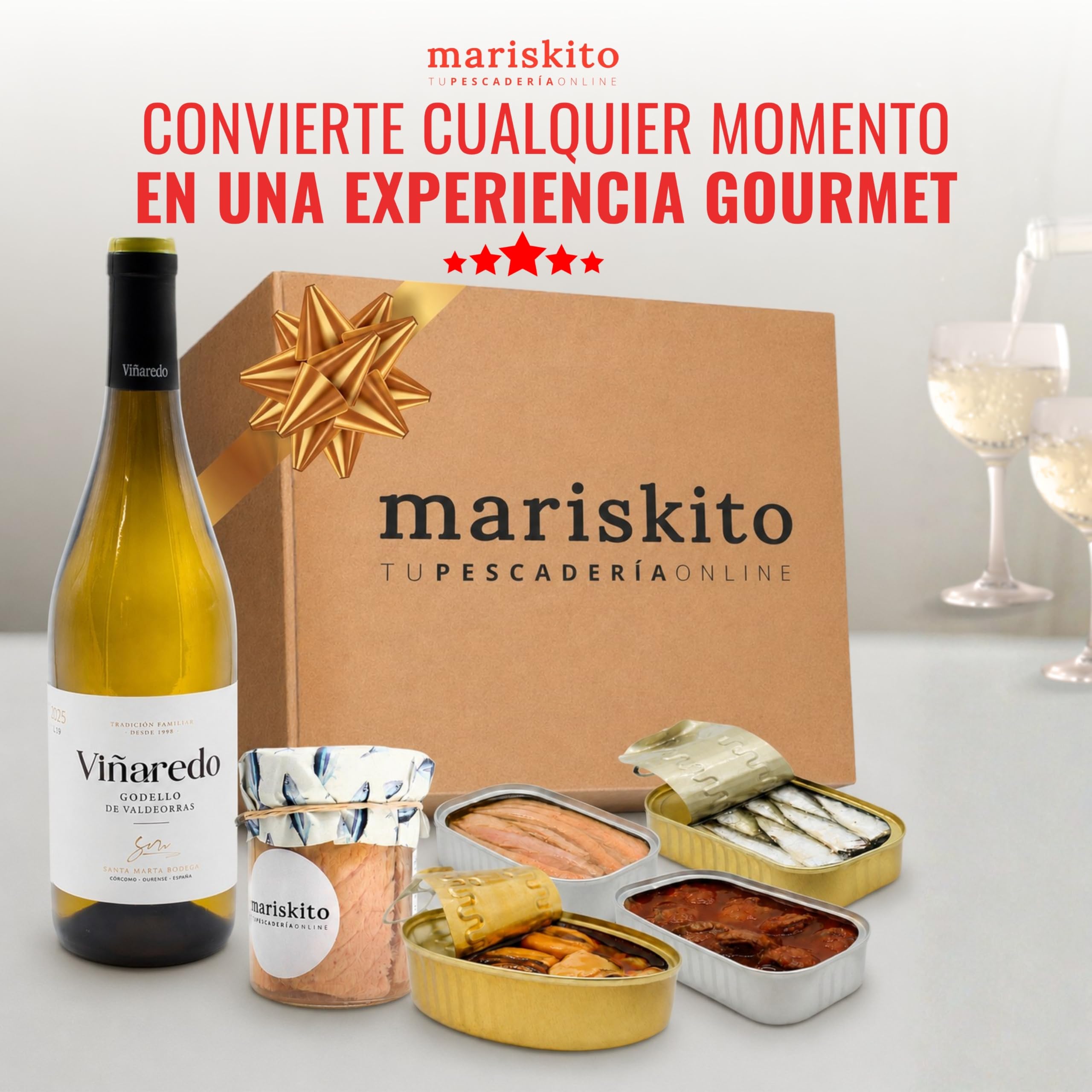 MARISKITO | Caja Regalo Gourmet - Vino Godello y 5 Conservas Gallegas – Pack Delicatessen con Mejillones, Sardinillas, Zamburiñas, Bonito y Ventresca de Atún – Lote Navidad, Empresas y Celebraciones