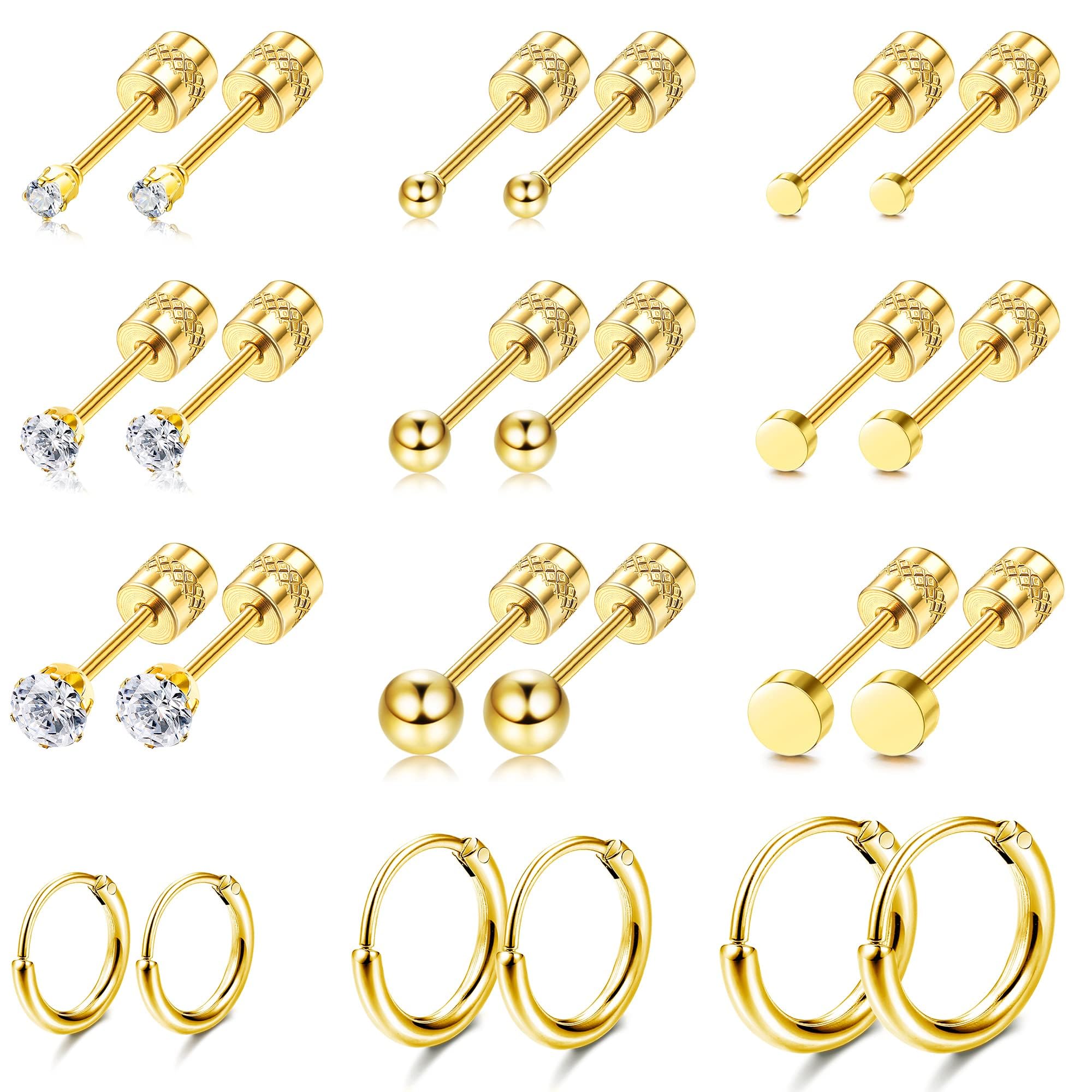BESTEELTiny Ball CZ Screw Back Surgical Steel Stud Earrings for Women Men 14K Gold Plated Small Huggie Hoop Earrings Sleeper Studs for Sensitive Ears