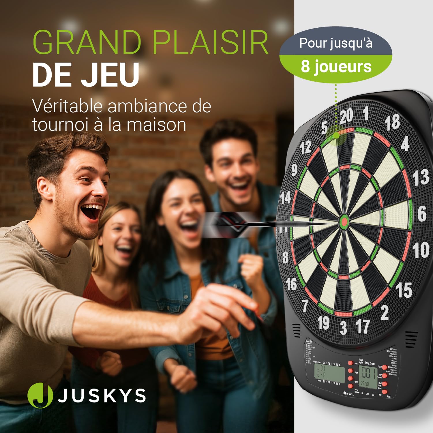 Juskys Cible électronique – Dartboard avec 32 Jeux & 359 Variantes, USB-C, Jusqu’à 8 Joueurs