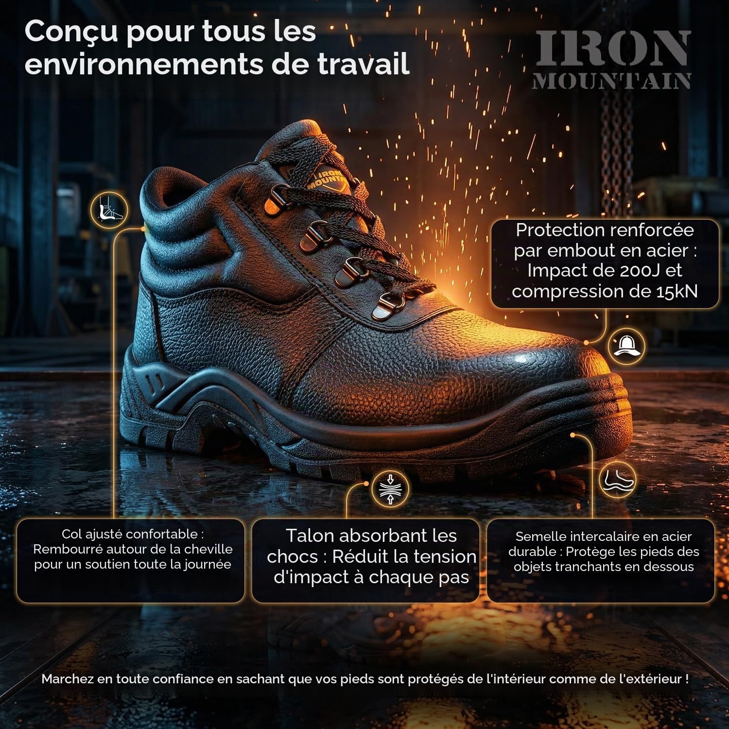 Iron Mountain Bottes de Sécurité S3 SRC Unisexe – Chaussures de Travail en Cuir avec Embout Acier, Semelle Anti-Perforation, Imperméables, Antidérapantes (UK 10 / EU 44)