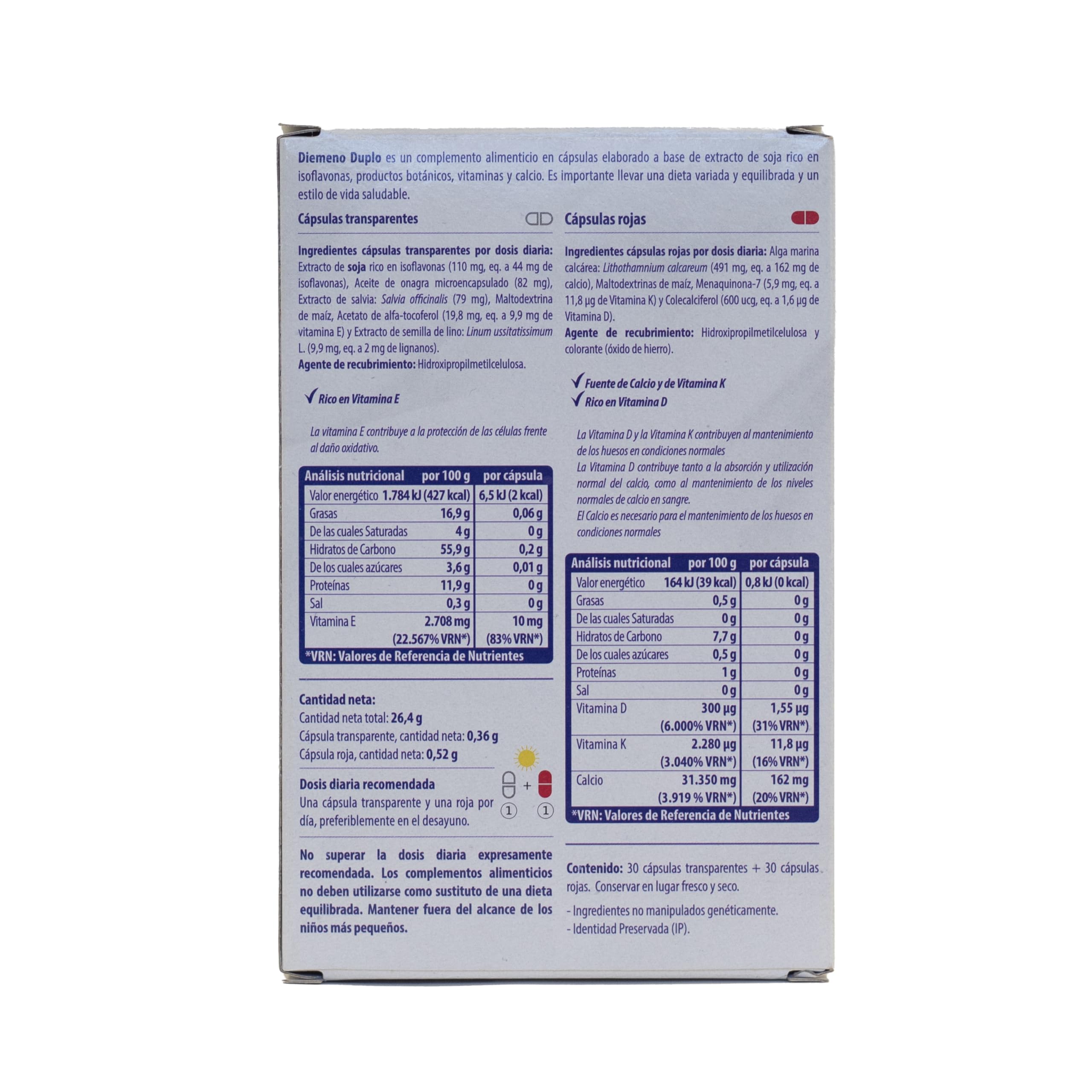 Duplo - Isoflavonas Calcio, Complemento Alimenticio, Cápsulas Entéricas ricas en isoflavonas con Calcio, Aliviar Síntomas de la Menopausia, 30+30 Cápsulas Día - Pack 6 Unidades de 60 Cápsulas