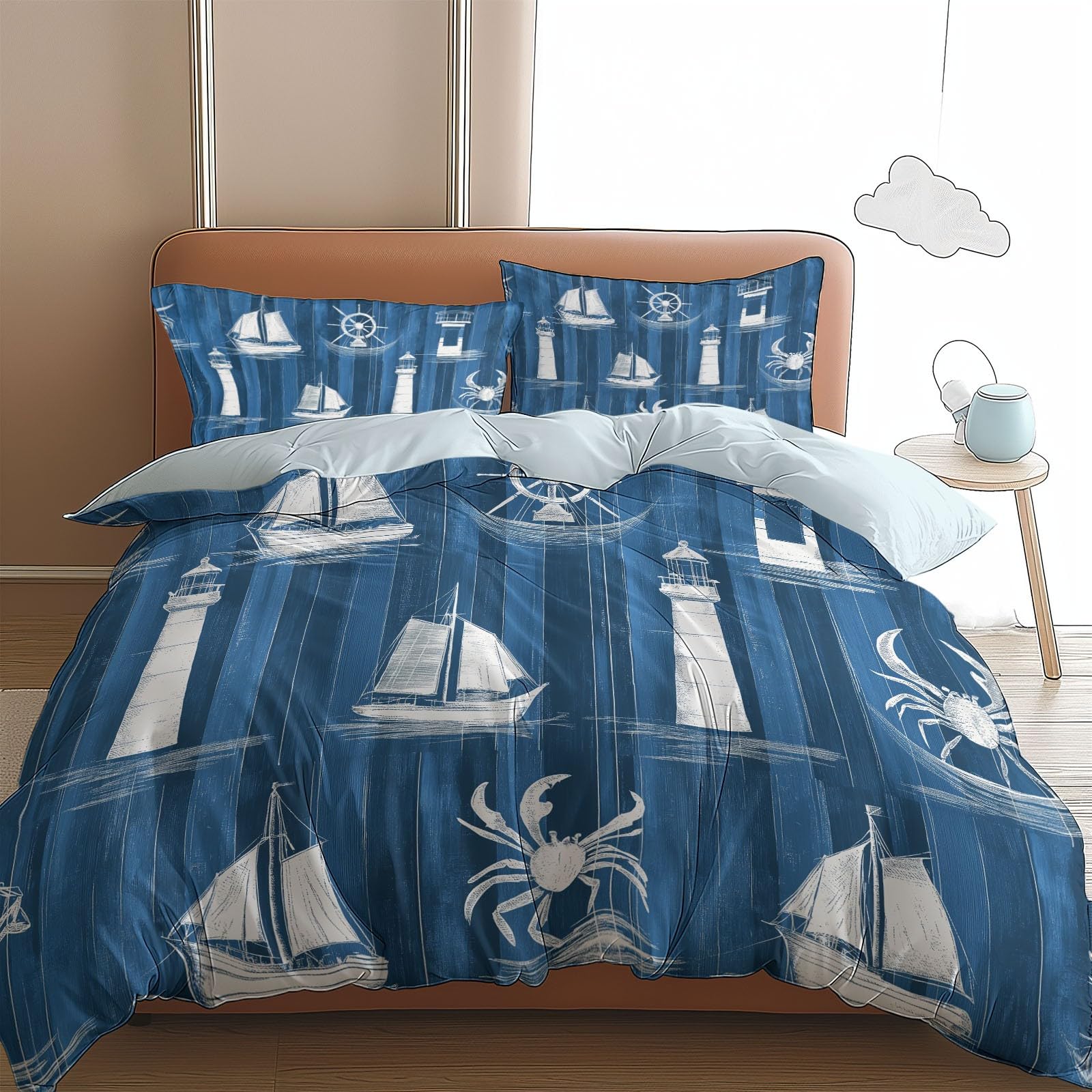 Blue Duvet Cover Toddler Lighthouse 3 Pieces Bedding Set 40